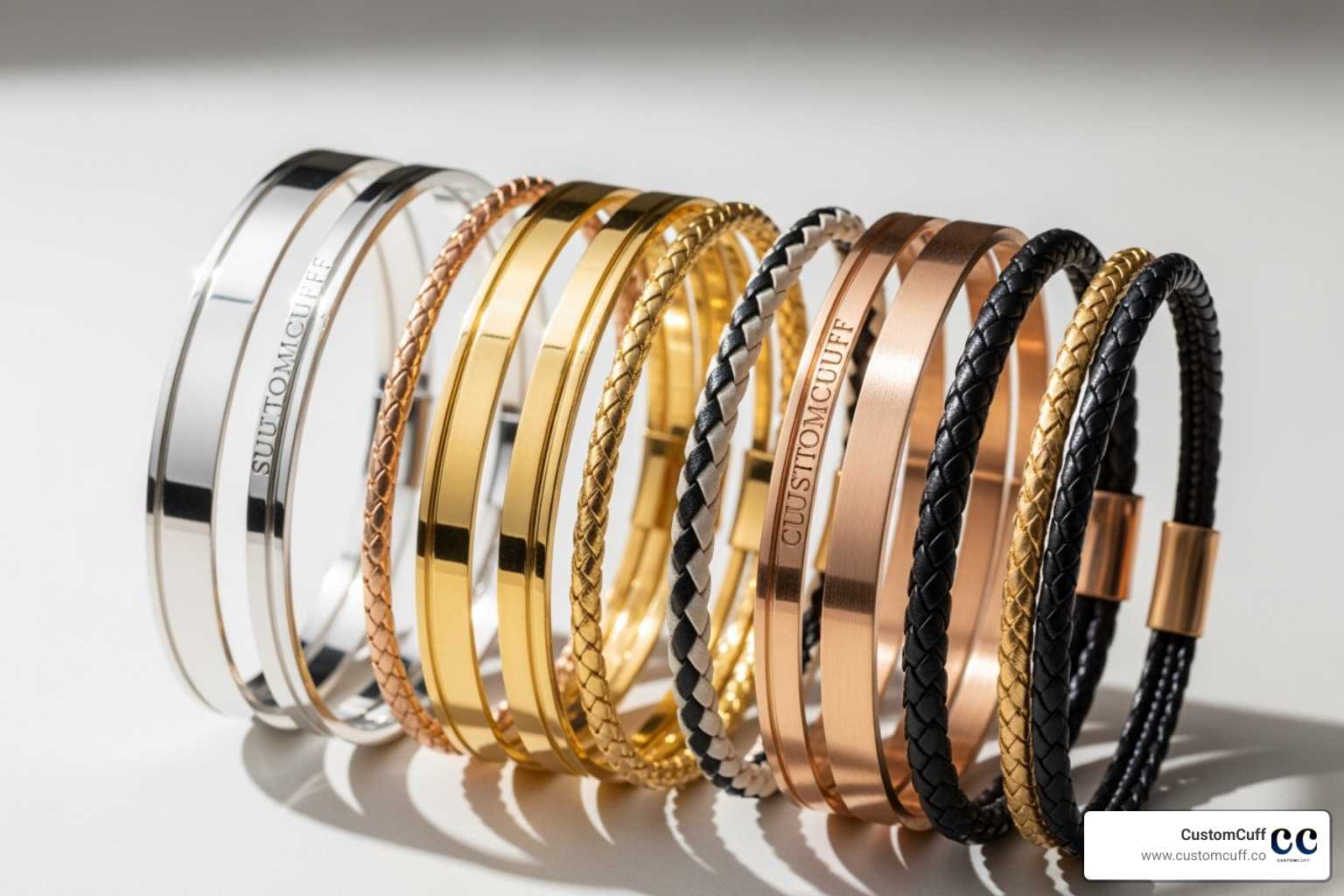 CustomCuff bracelets in sterling silver, gold, rose gold, and braided leather - customized engraved bracelets