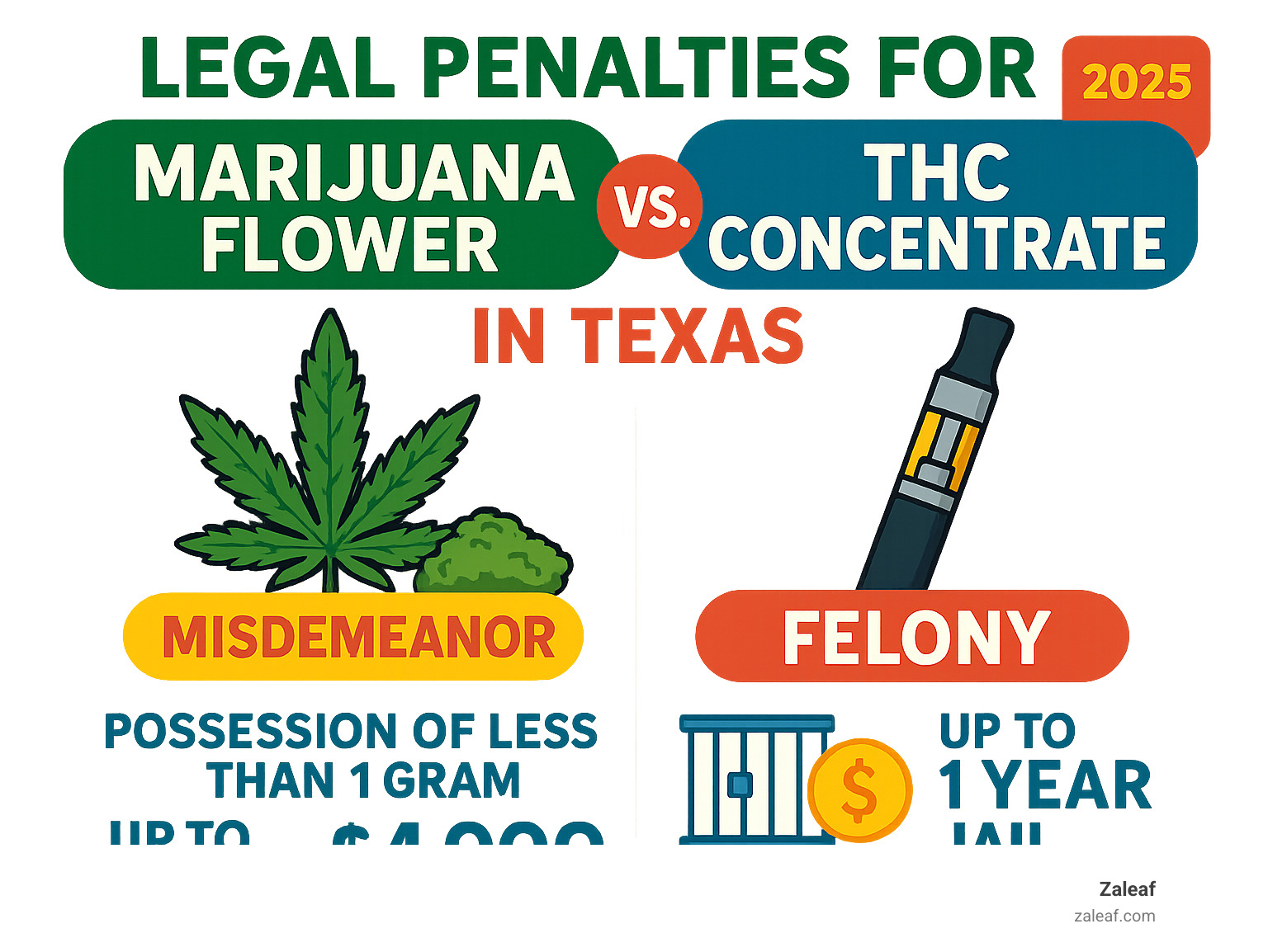 Infographic explaining legal penalties for marijuana flower vs. THC concentrate in Texas - thc vape pen in texas infographic 