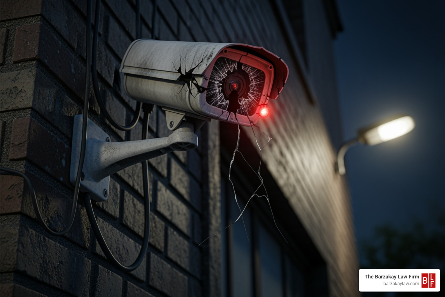 broken security camera on building exterior - negligent security lawsuit