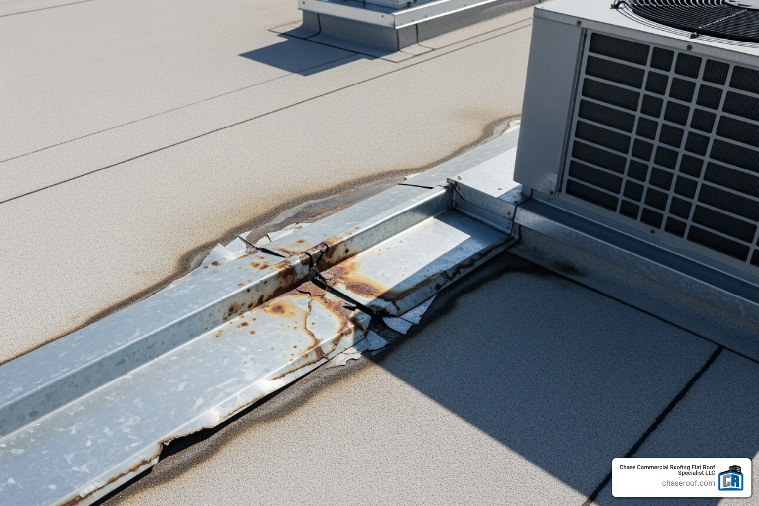 damaged flashing around an HVAC unit - industrial roof leak repair