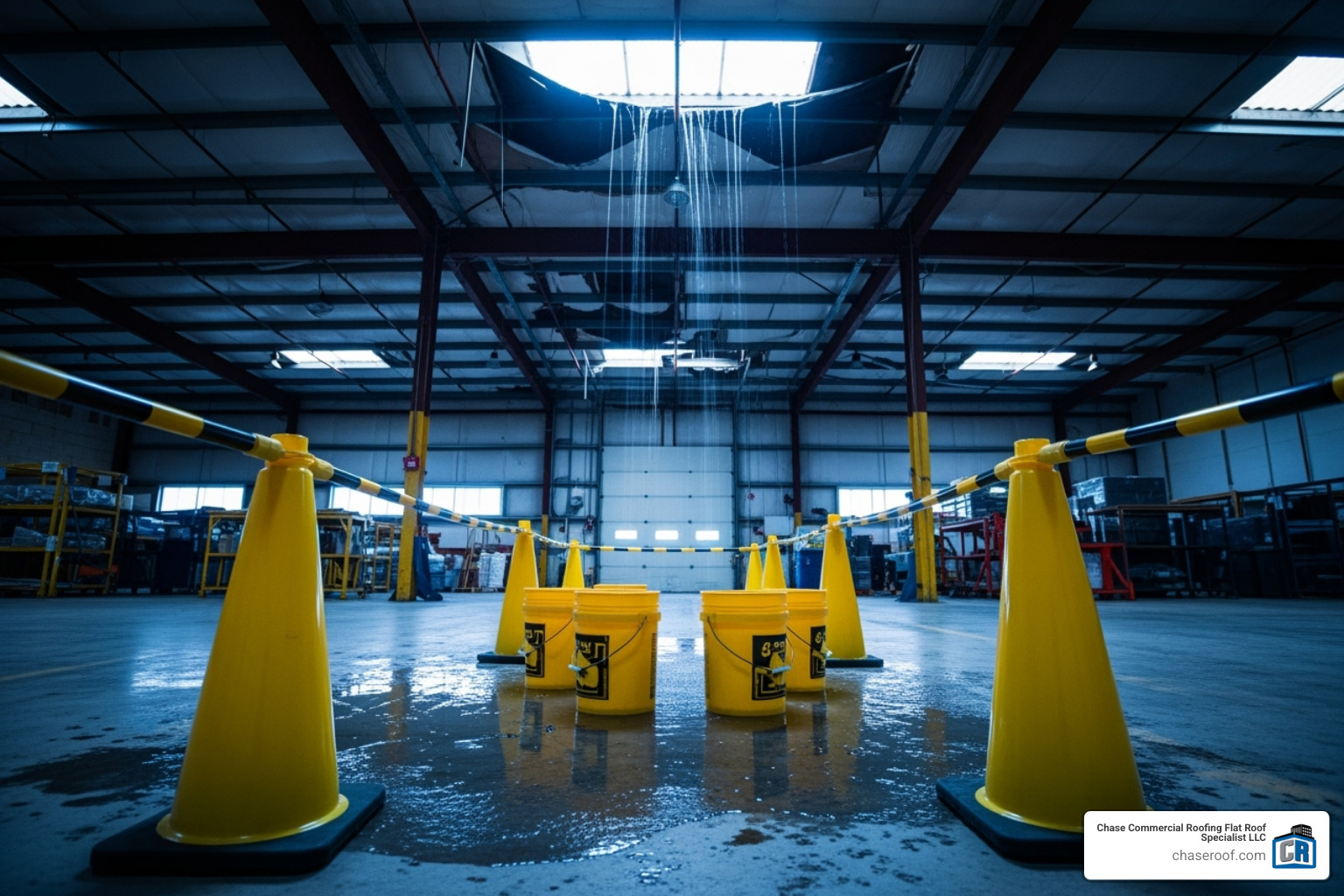 safety cones and buckets set up under a leak in a warehouse - industrial roof leak repair