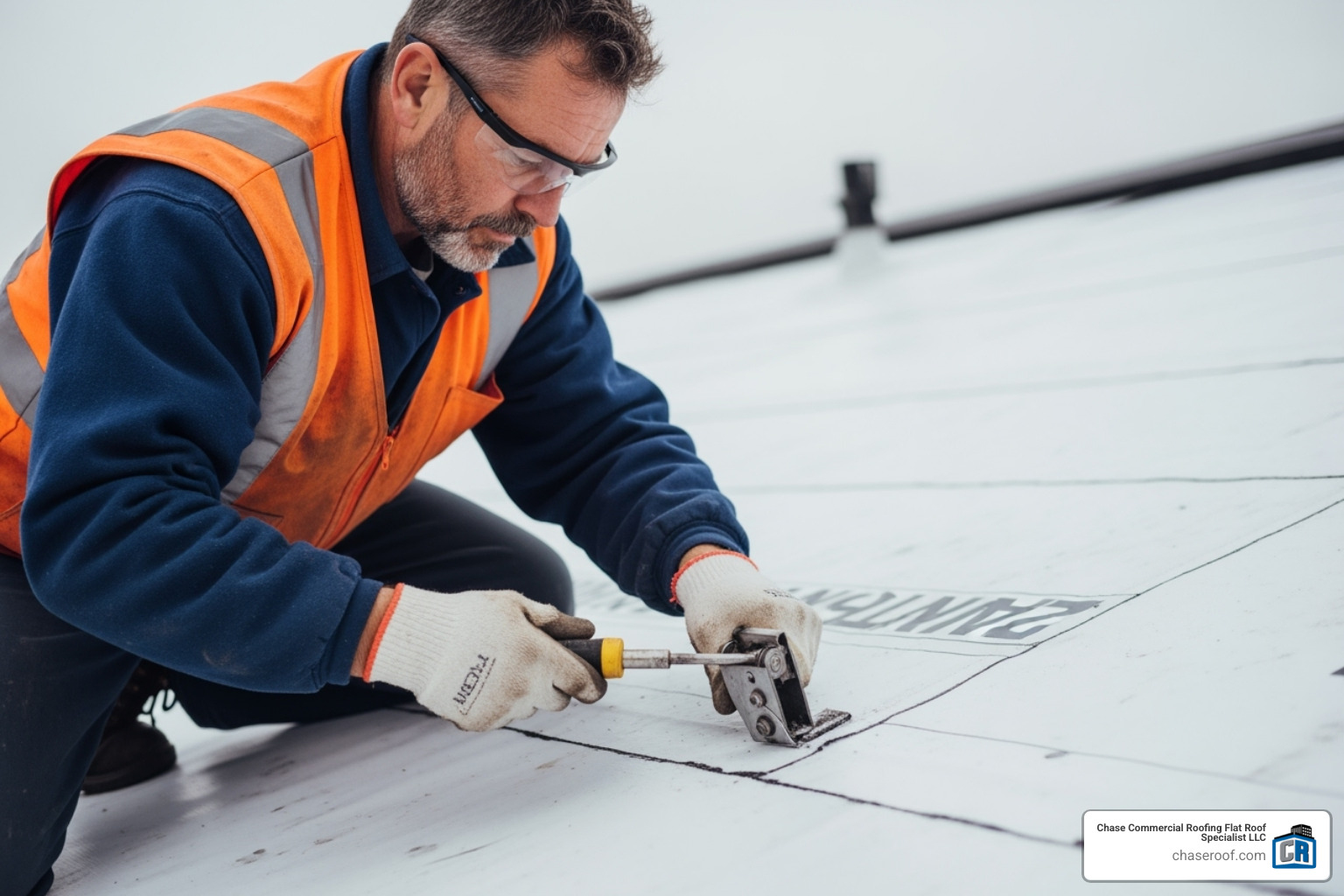 professional roofer repairing a TPO flat roof - industrial roof leak repair