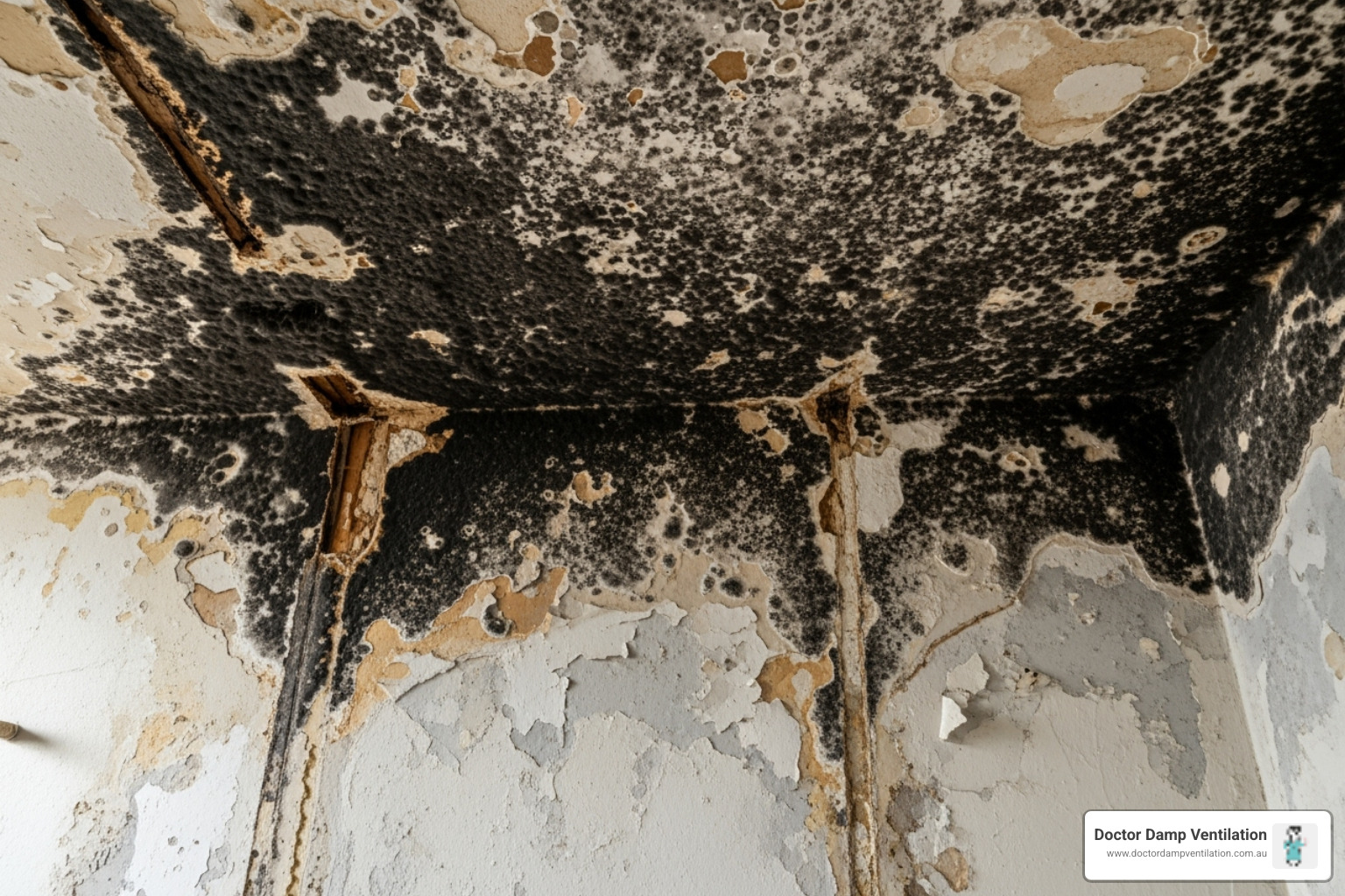 Significant mould damage on a commercial wall or ceiling, showing extensive black growth and material degradation - commercial mould cleaning sydney