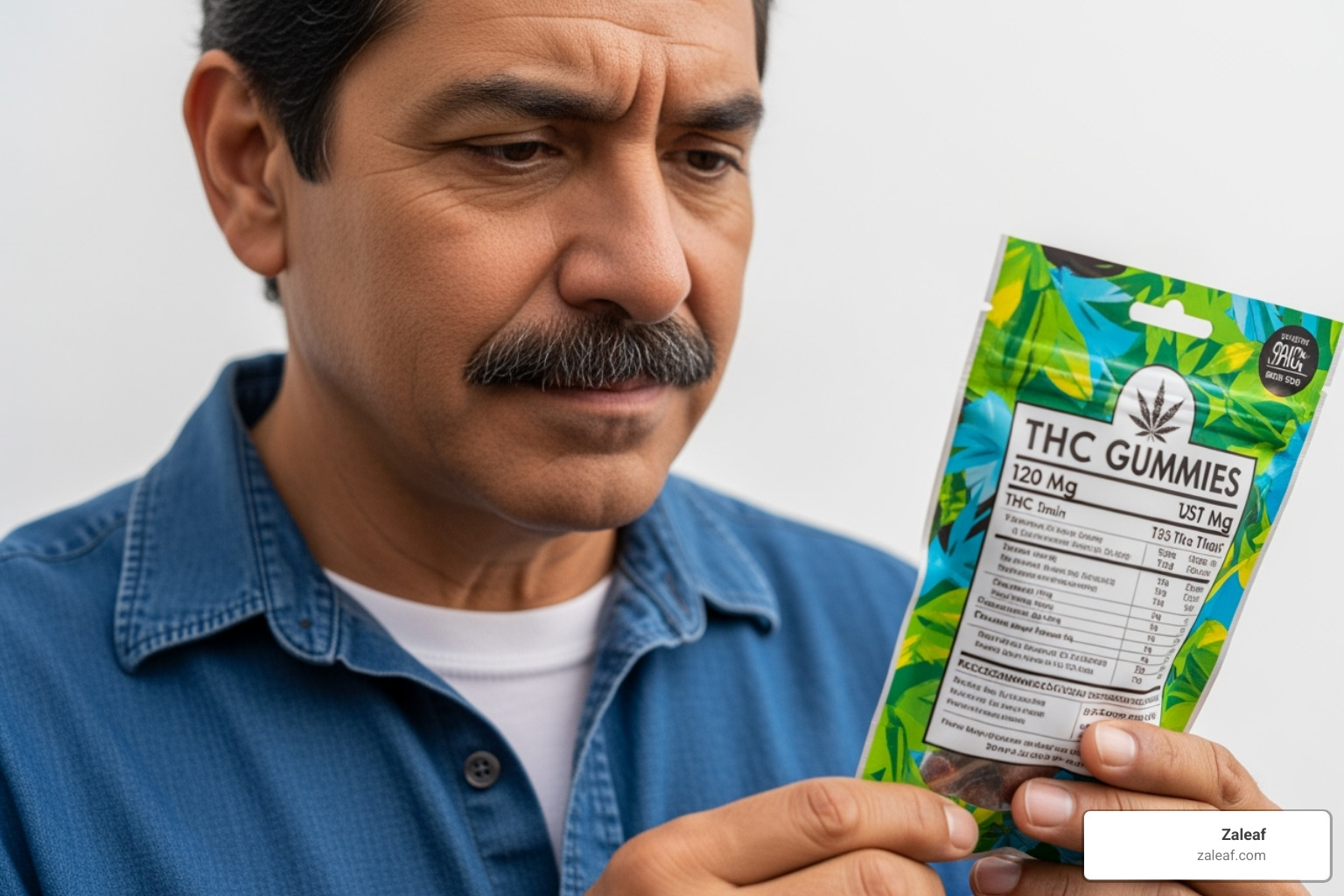 Image of a person closely examining the label on a package of THC gummies - THC gummies for beginners