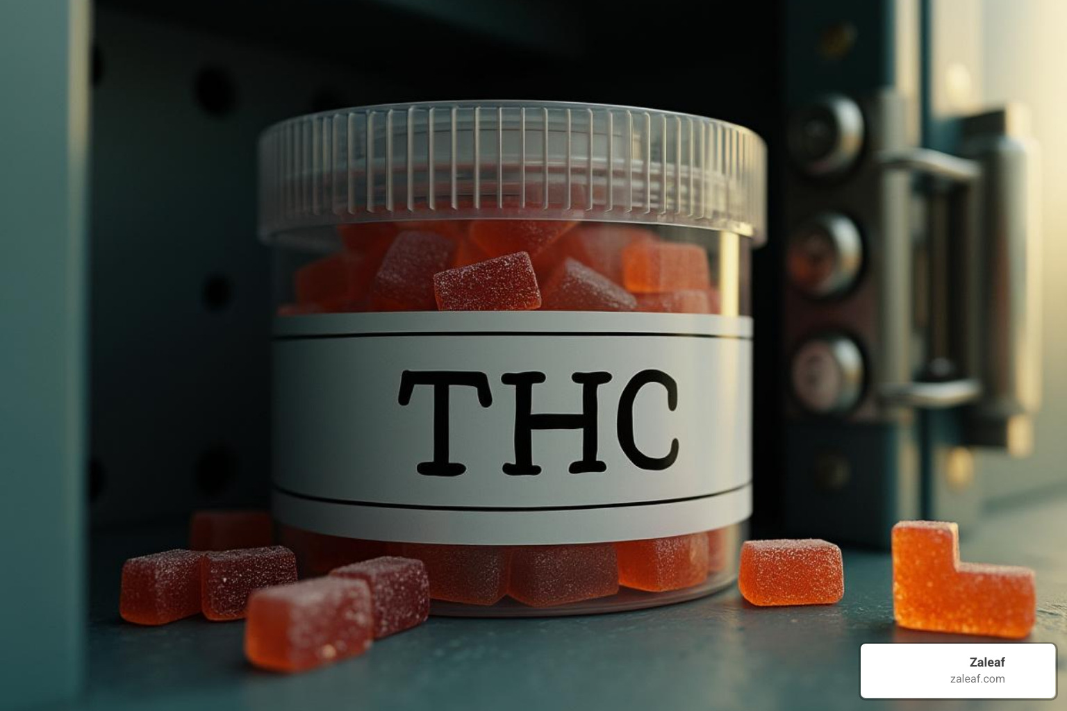 Image of THC gummies stored in a labeled, child-proof container inside a locked cabinet - THC gummies for beginners