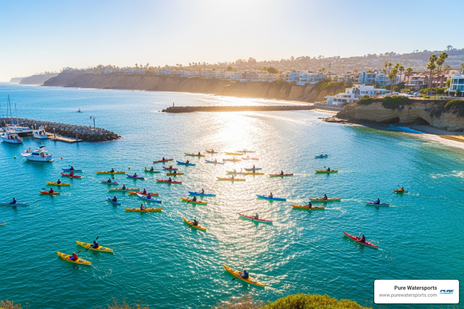 The scenic Dana Point Harbor with kayaks on the water - kayak rental dog friendly