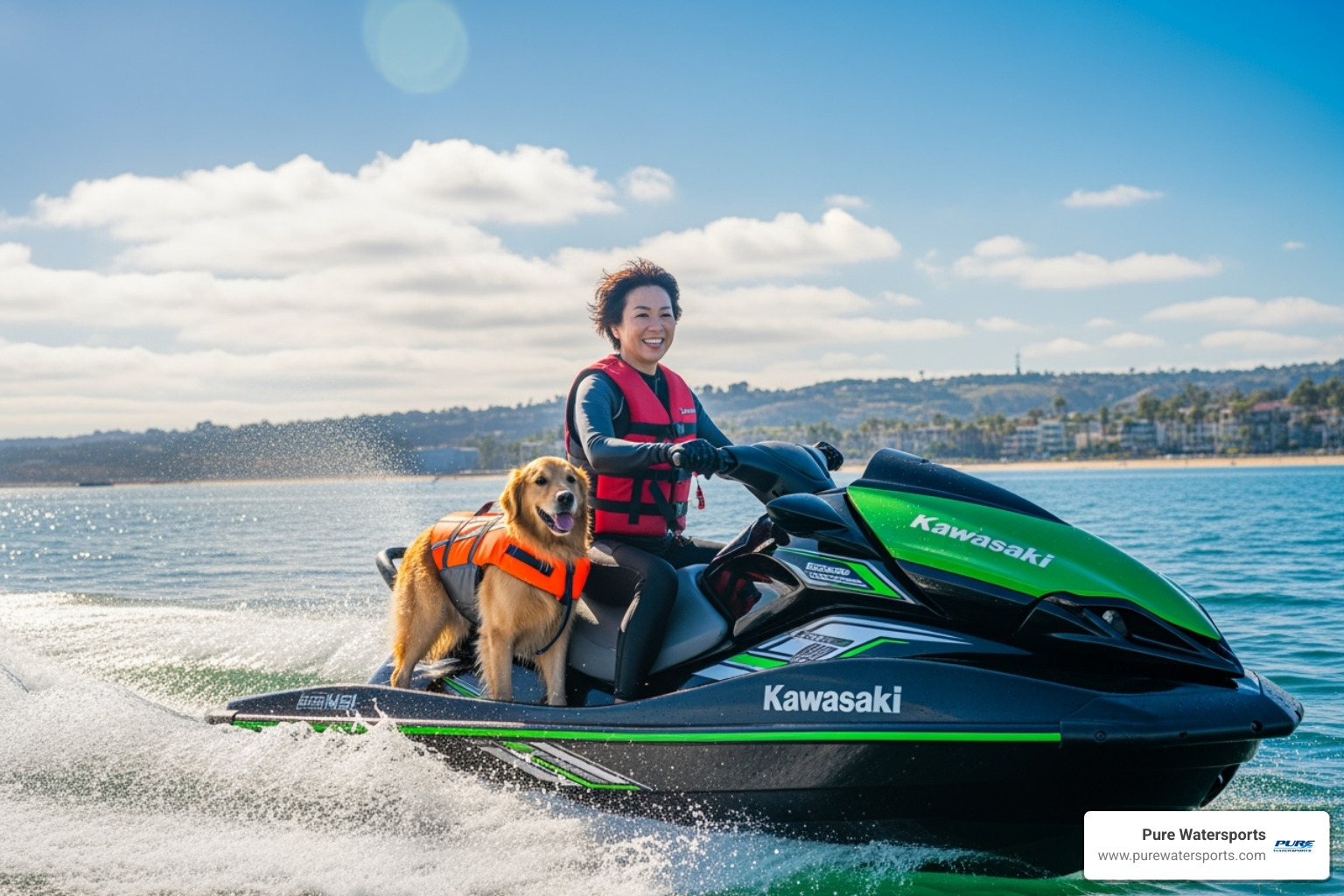 A person and their dog (with life jackets) on a Kawasaki jet ski in Dana Point Harbor - kayak rental dog friendly