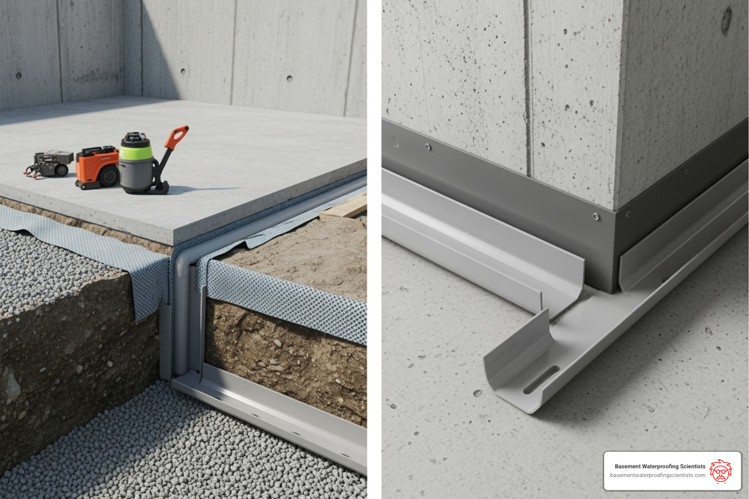 A side-by-side comparison of a sub-floor channel and a baseboard channel - basement perimeter drain channel