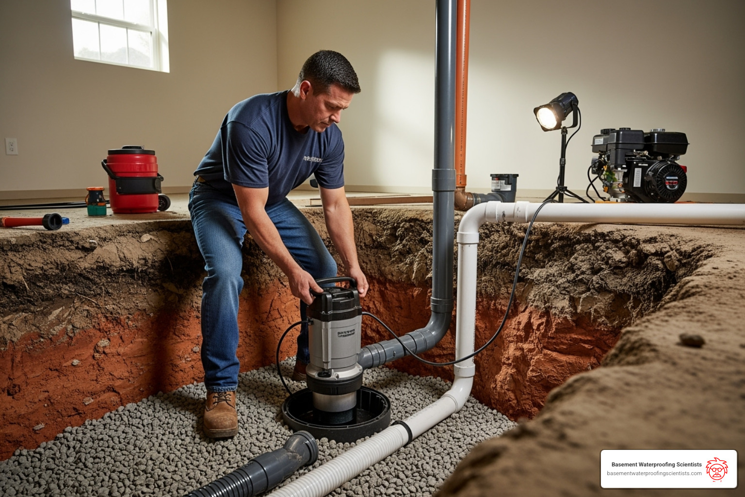 Install The Drain System & Pump - basement perimeter drain channel