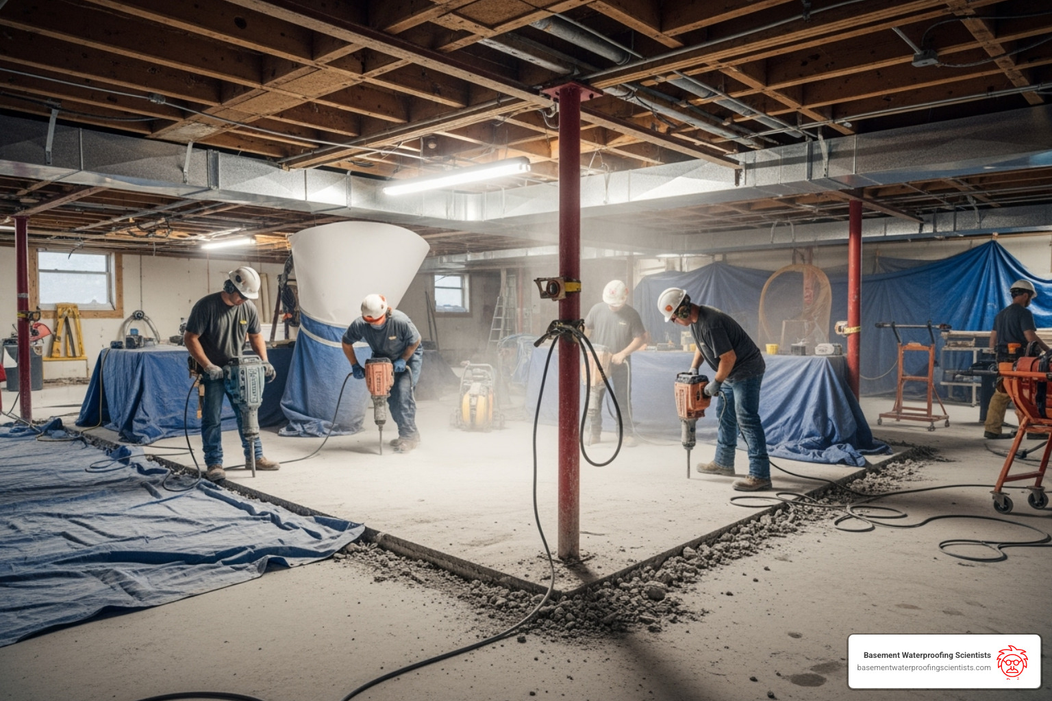 A professional crew neatly jackhammering a basement floor perimeter - basement perimeter drain channel