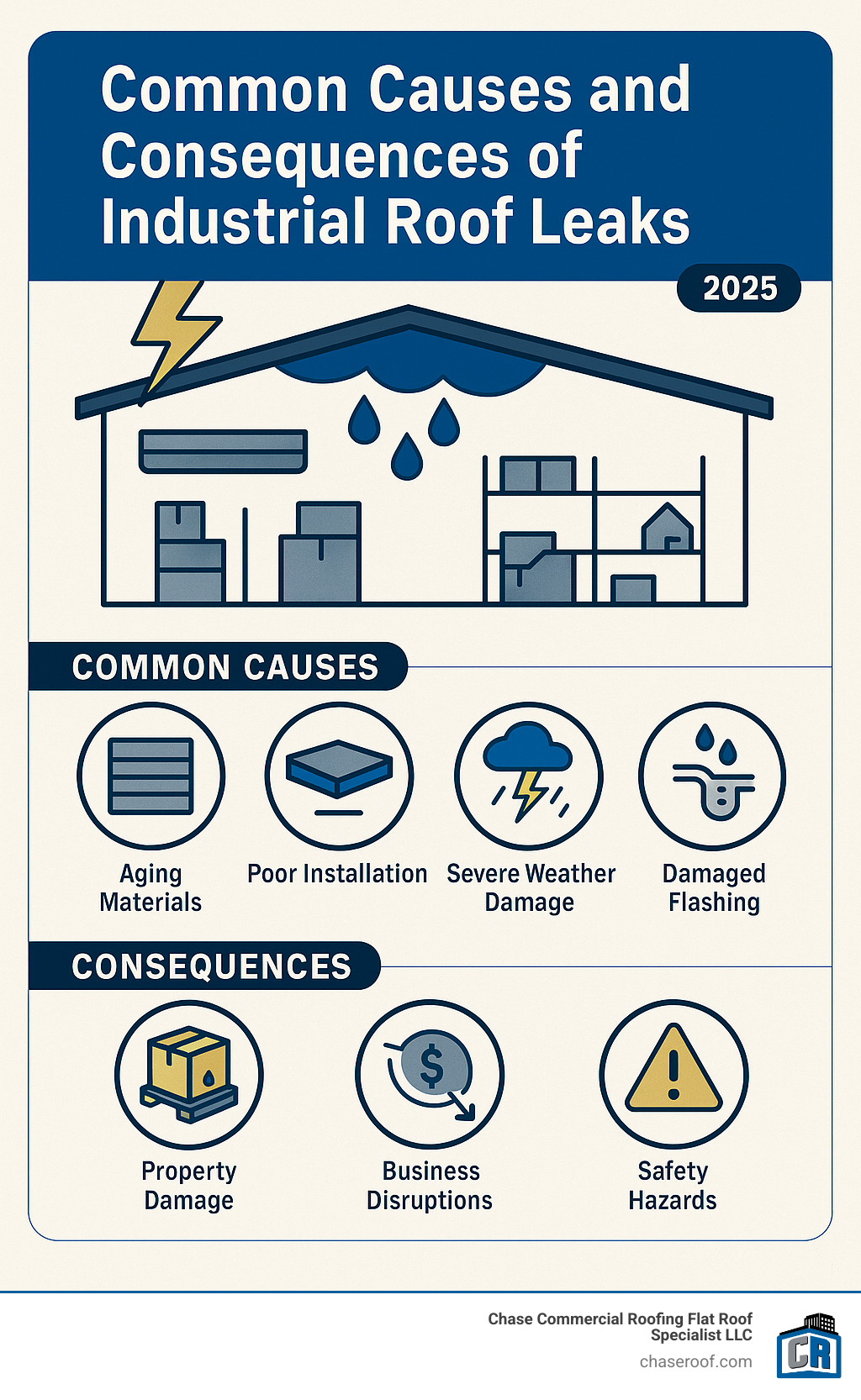 Common causes and consequences of industrial roof leaks - industrial roof leak repair infographic 