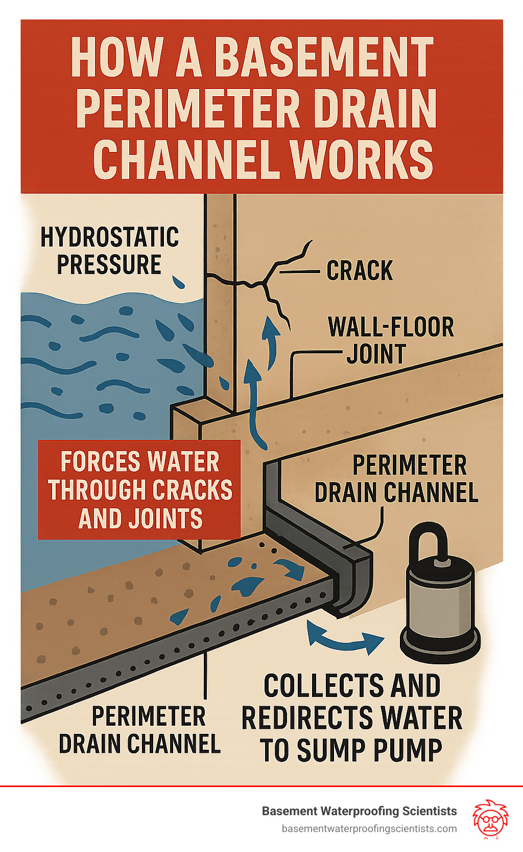 Infographic showing how hydrostatic pressure builds against basement walls and floors, forcing water through cracks and the wall-floor joint, and how a basement perimeter drain channel collects this water and redirects it to a sump pump for removal - basement perimeter drain channel infographic 