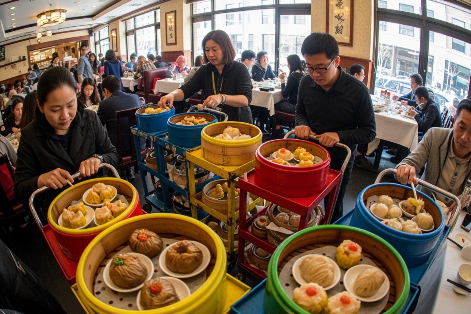 Colorful dim sum carts at a popular New York City brunch spot - Best brunch spots NYC