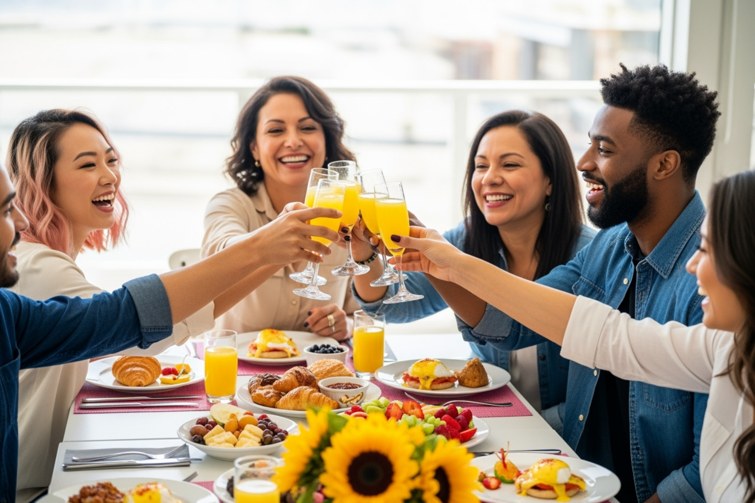 Group of friends laughing and toasting with bottomless mimosas - Best brunch spots NYC