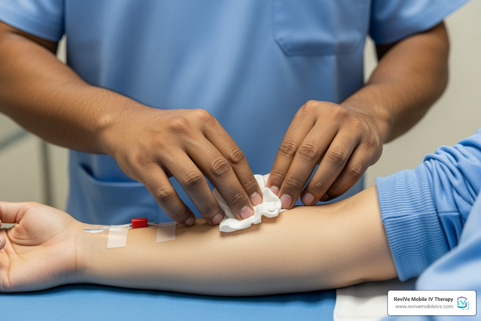 nurse preparing a patient's arm for an IV - intravenous drip therapy
