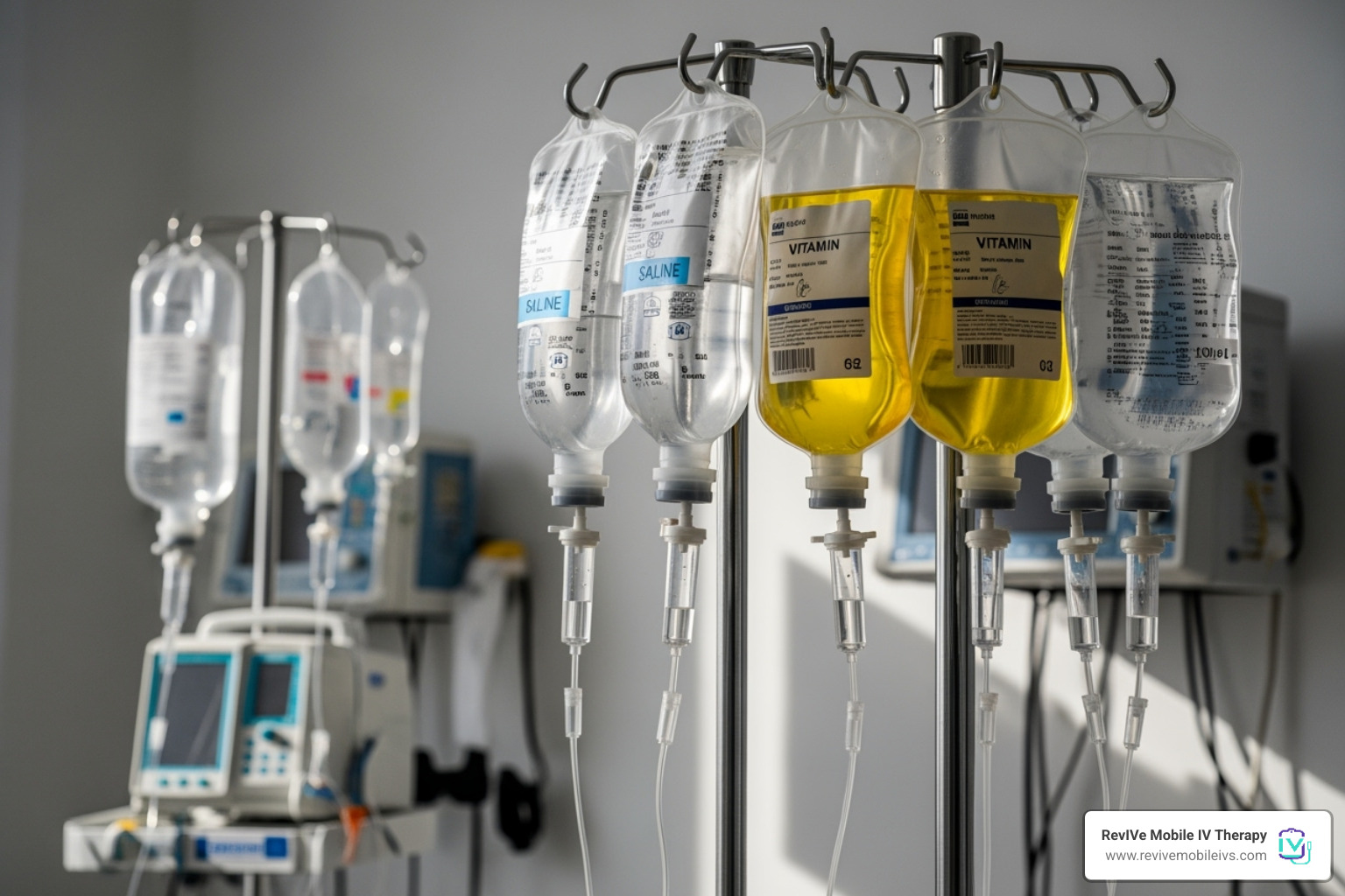 different types of IV fluid bags (e.g., saline, yellow vitamin bag) - intravenous drip therapy