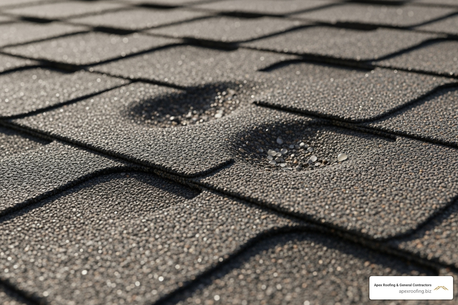 Close-up of hail damage on an asphalt shingle, showing visible dents and granule loss - Roofing company Fair Oaks Ranch