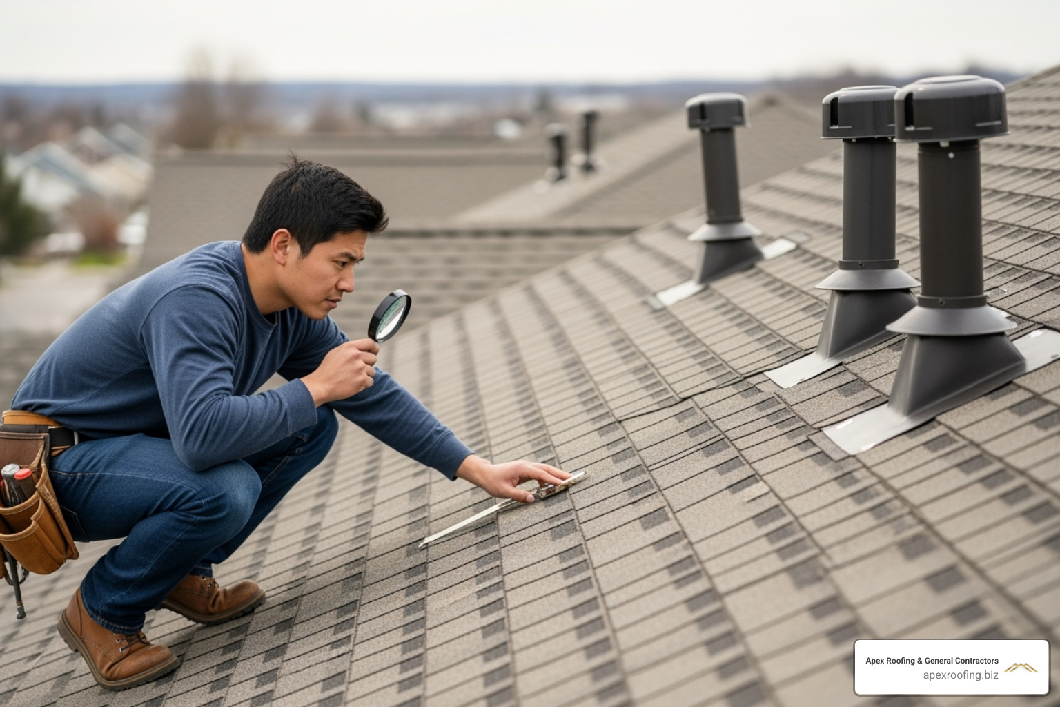 A roofer performing a detailed roof inspection, focusing on checking shingles and flashing for damage - Roofing company Fair Oaks Ranch