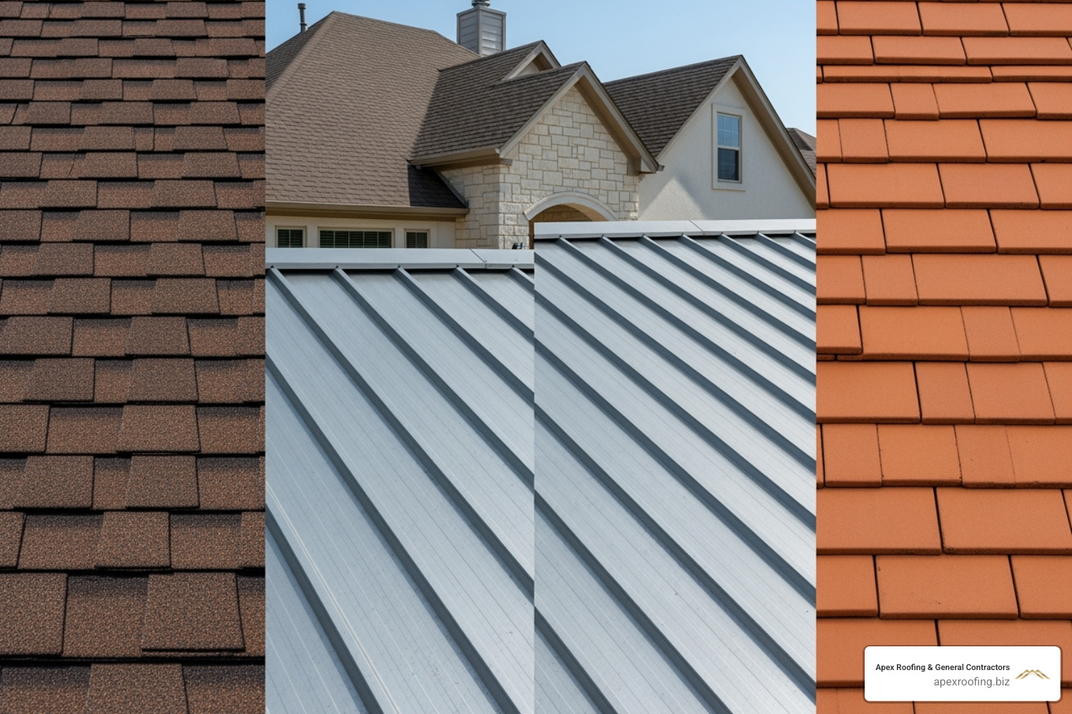 A showcase of various roofing materials including traditional asphalt shingles, sleek metal roofing, and neat clay tiles - Roofing company Fair Oaks Ranch
