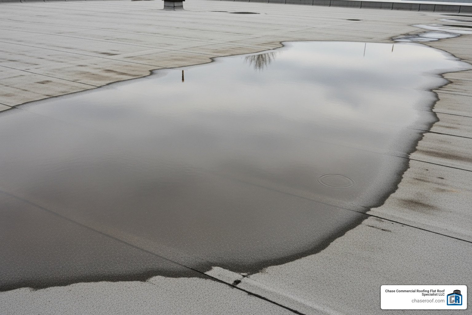 of ponding water on a commercial flat roof - commercial roofing maintenance near me