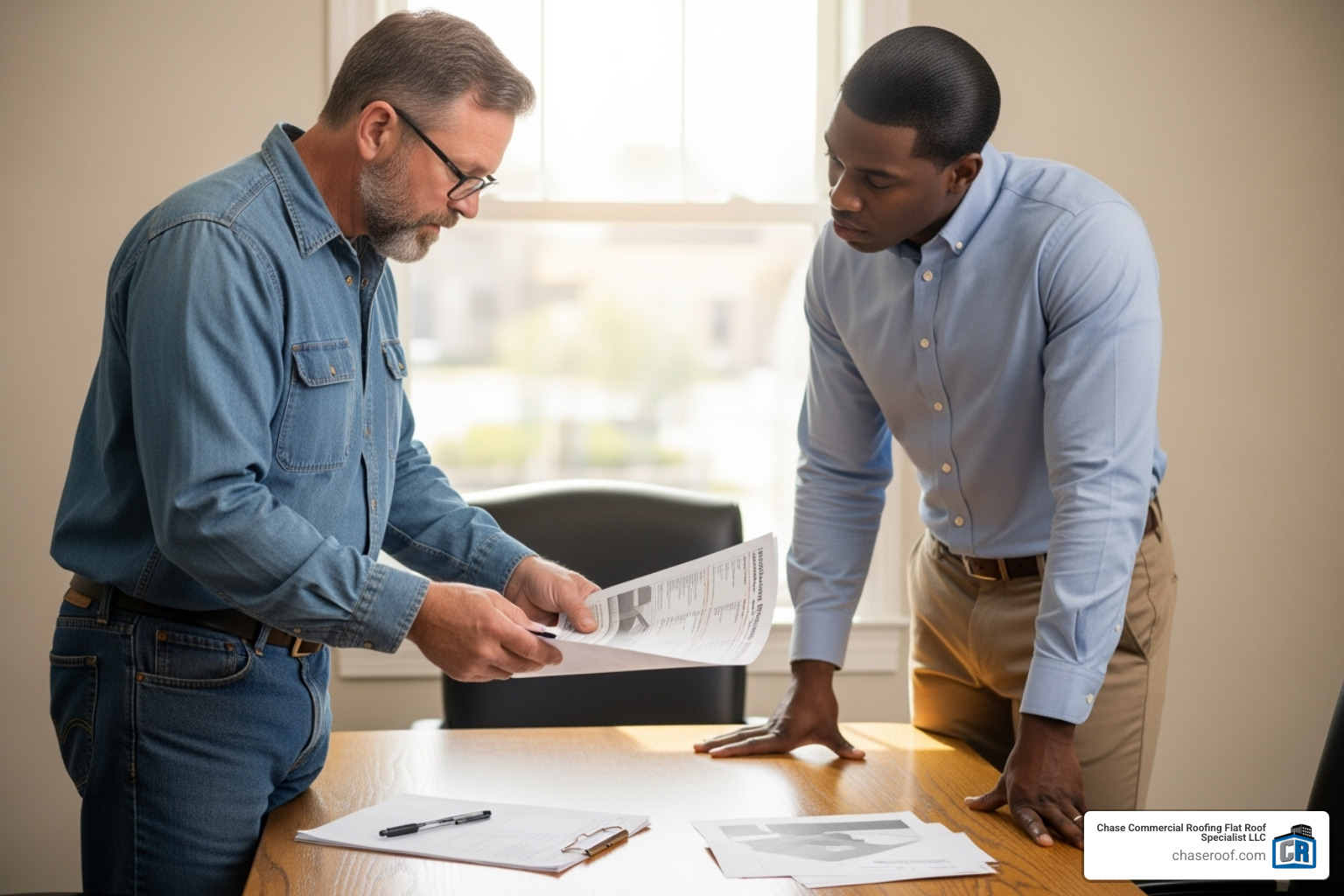 of a roofing contractor discussing a report with a building manager - commercial roofing maintenance near me