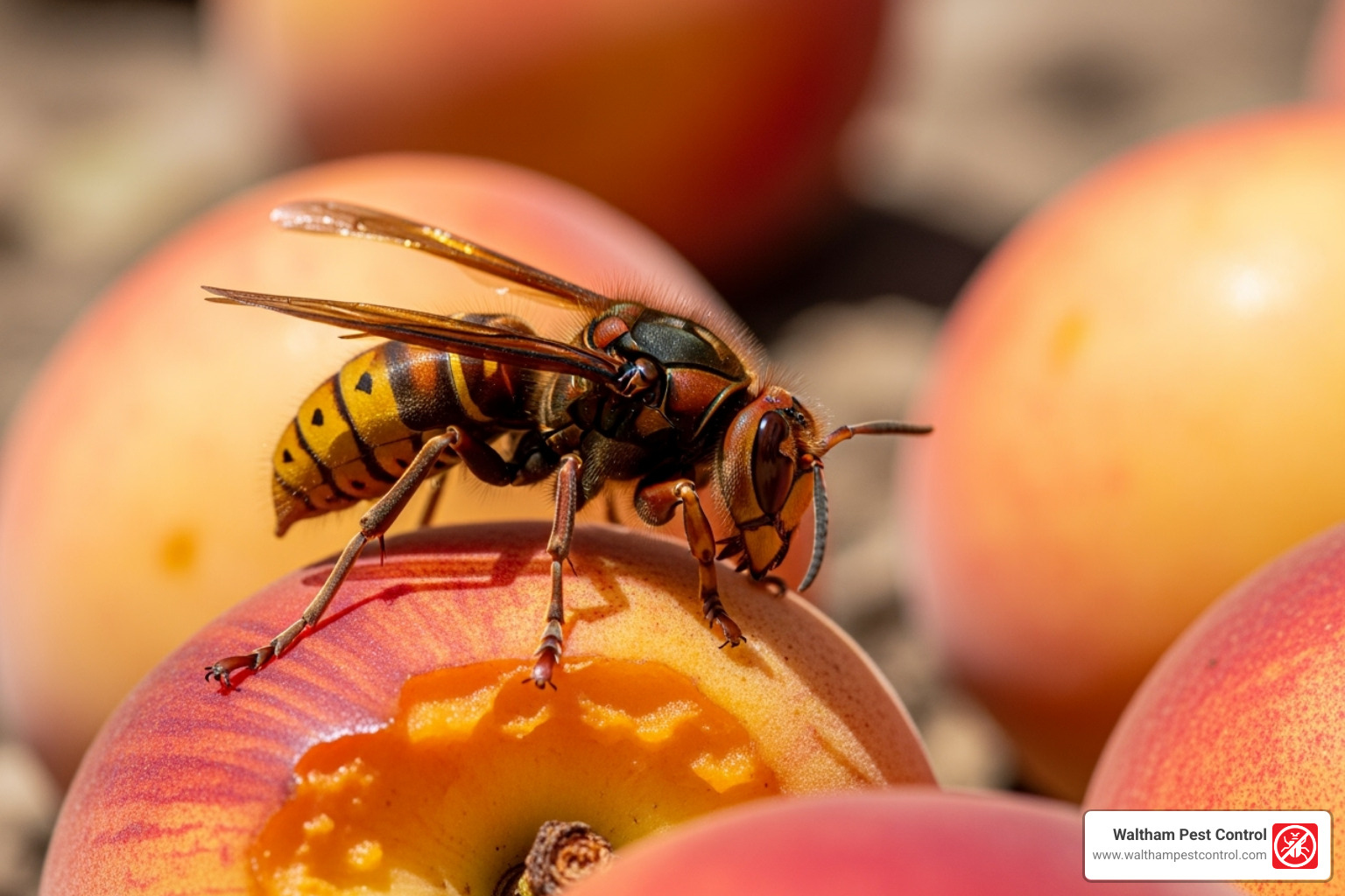 Hornet foraging for food on fallen fruit - how far do hornets travel from their nest