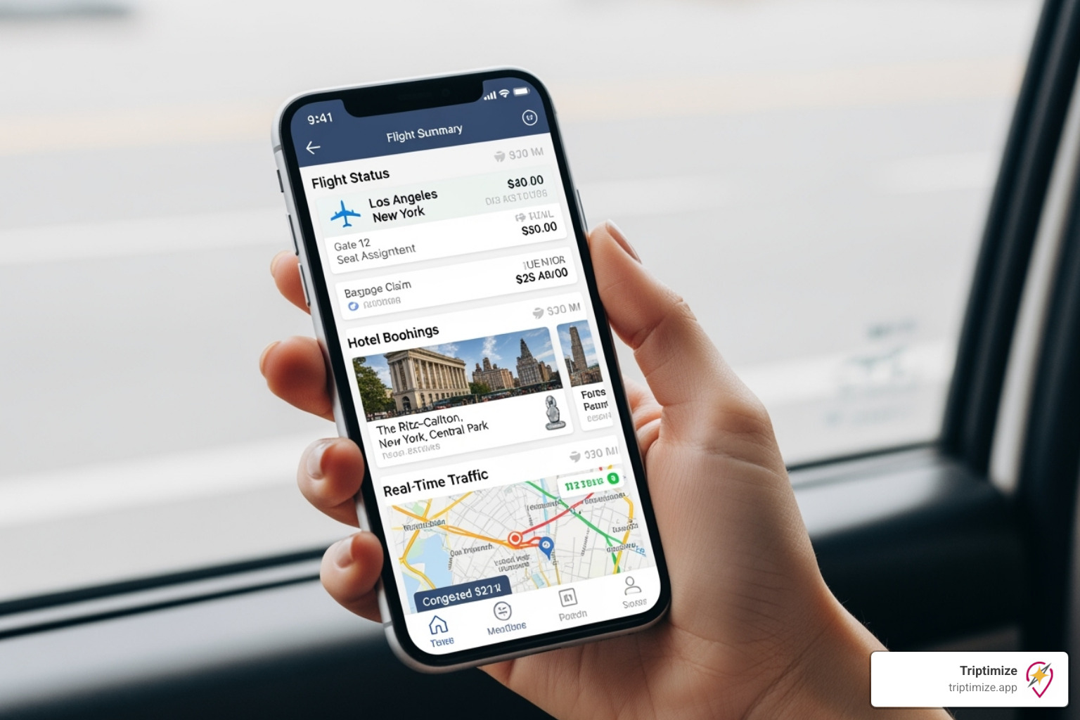 dashboard view on a phone showing integrated flight, hotel, and traffic alerts - real time travel updates