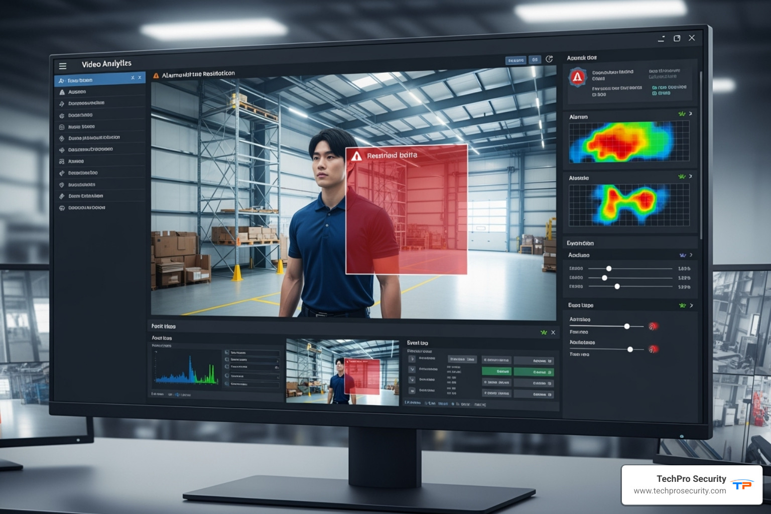 Video analytics software interface identifying a person near a restricted area - perimeter security