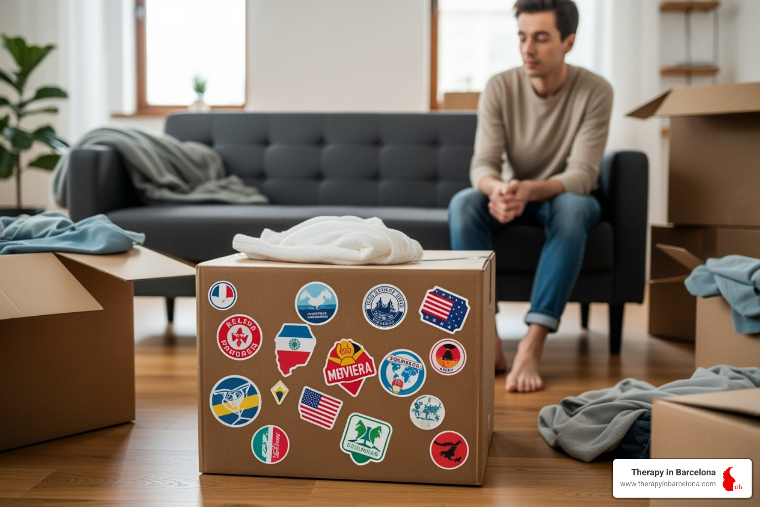 a moving box with travel stickers from different countries - solution focused therapy for adjustment disorder