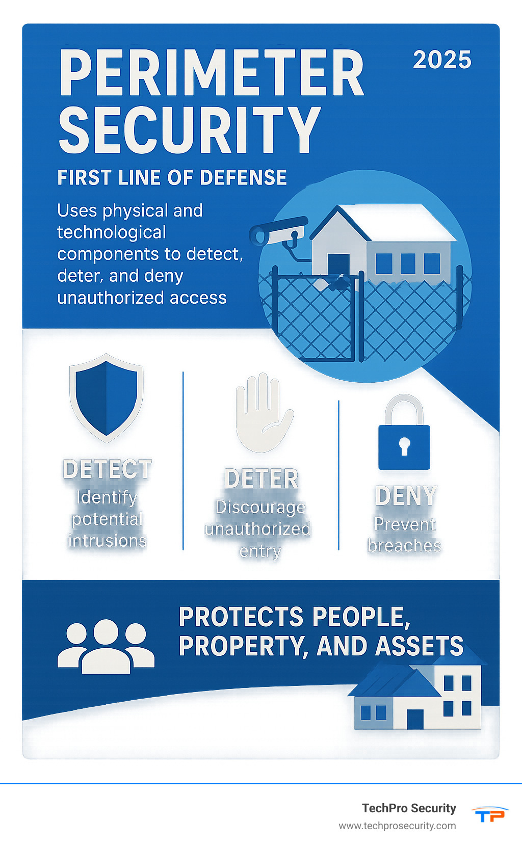 Infographic defining perimeter security as the first line of defense, using physical and technological components to detect, deter, and deny unauthorized access, protecting people, property, and assets. - perimeter security infographic
