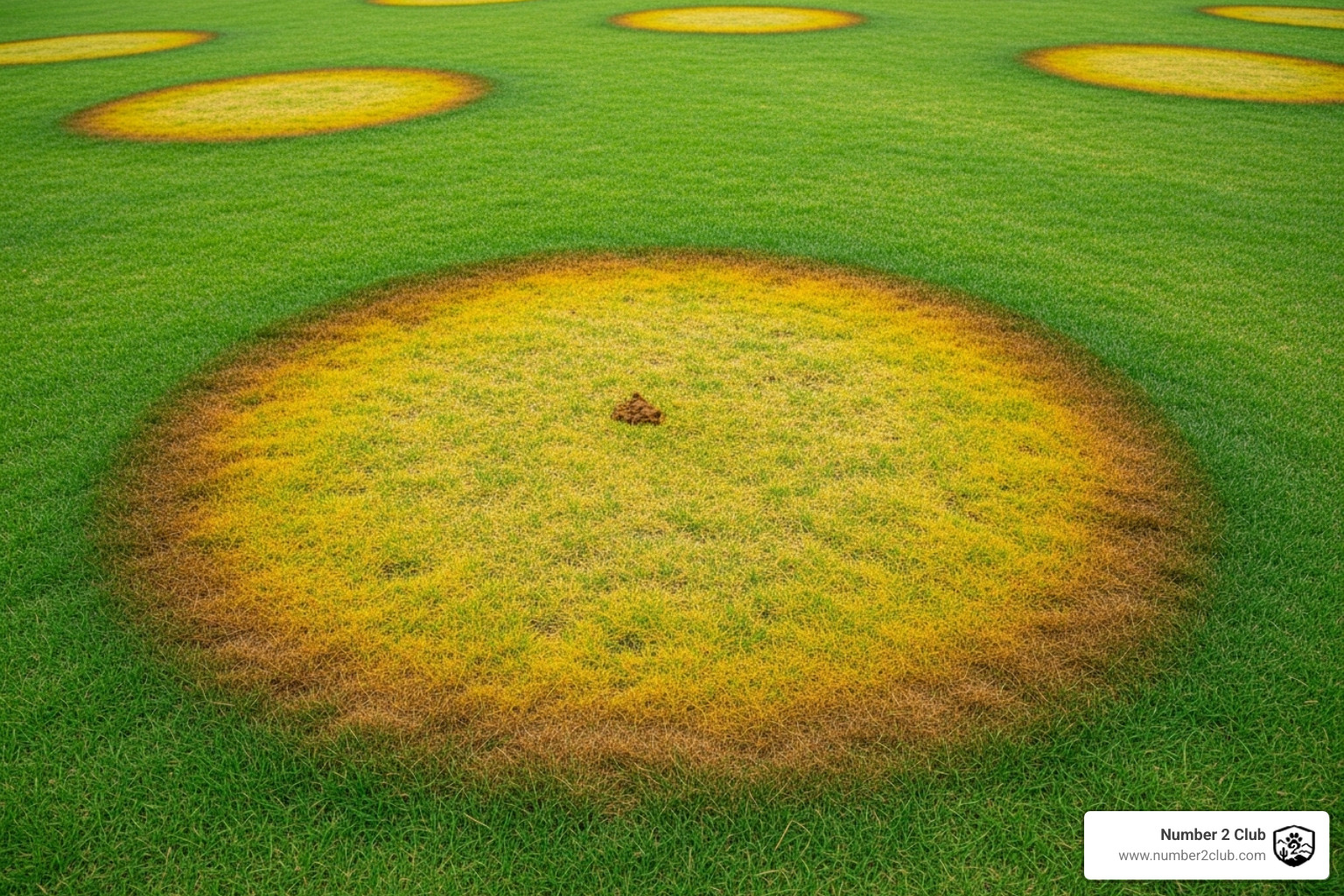 lawn with yellow, burnt patches from dog urine and poop - pick up after your pet