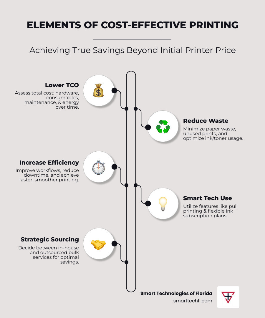 Infographic explaining the elements of a cost-effective printing solution: Lower Total Cost of Ownership (TCO), Reduced Waste, Increased Efficiency, Smart Technology Use, and Strategic Sourcing. - cost-effective printing solutions infographic infographic-line-5-steps-neat_beige