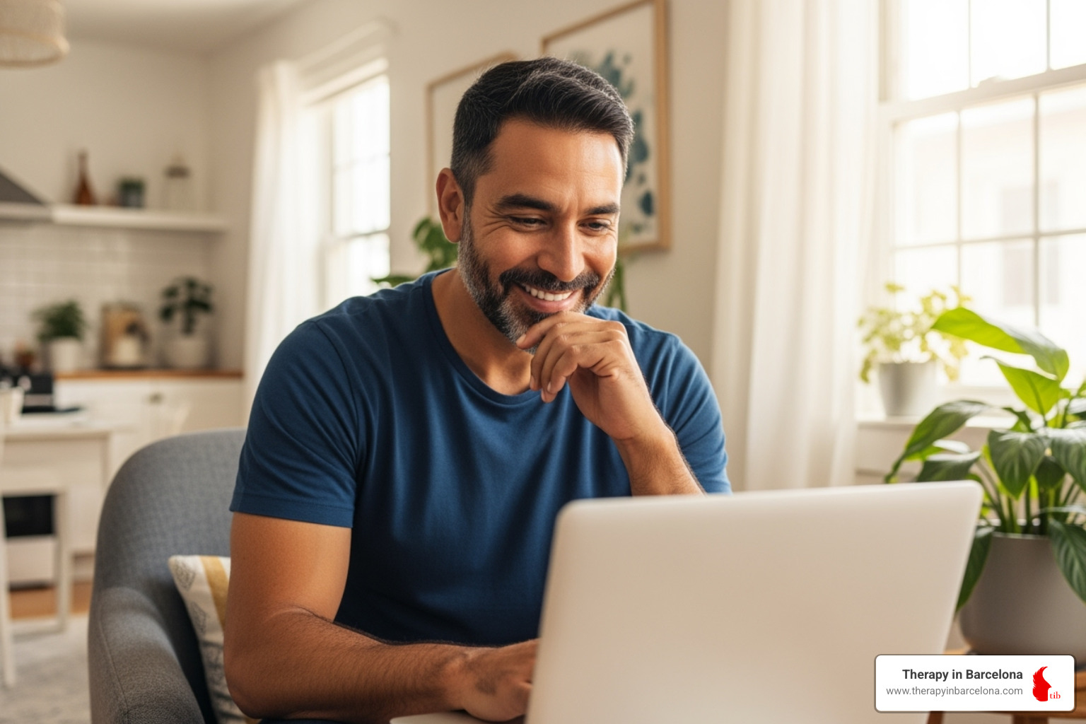 person smiling while thoughtfully creating their dating profile on a laptop in a bright, airy apartment - Dating apps for expats person smiling while thoughtfully creating their dating profile on a laptop in a bright, airy apartment - Dating apps for expats