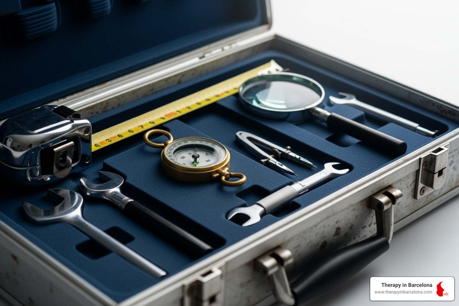 a toolkit with items labelled "Miracle Question," "Scaling," and "Exceptions." - solution focused therapy for adjustment disorder