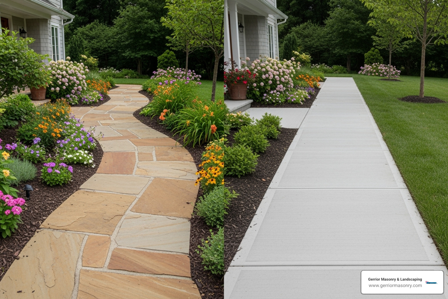 How Much Green for Your Stone Path Dream? 1 side-by-side of a stone path and a plain concrete path. - cost to install stone walkway