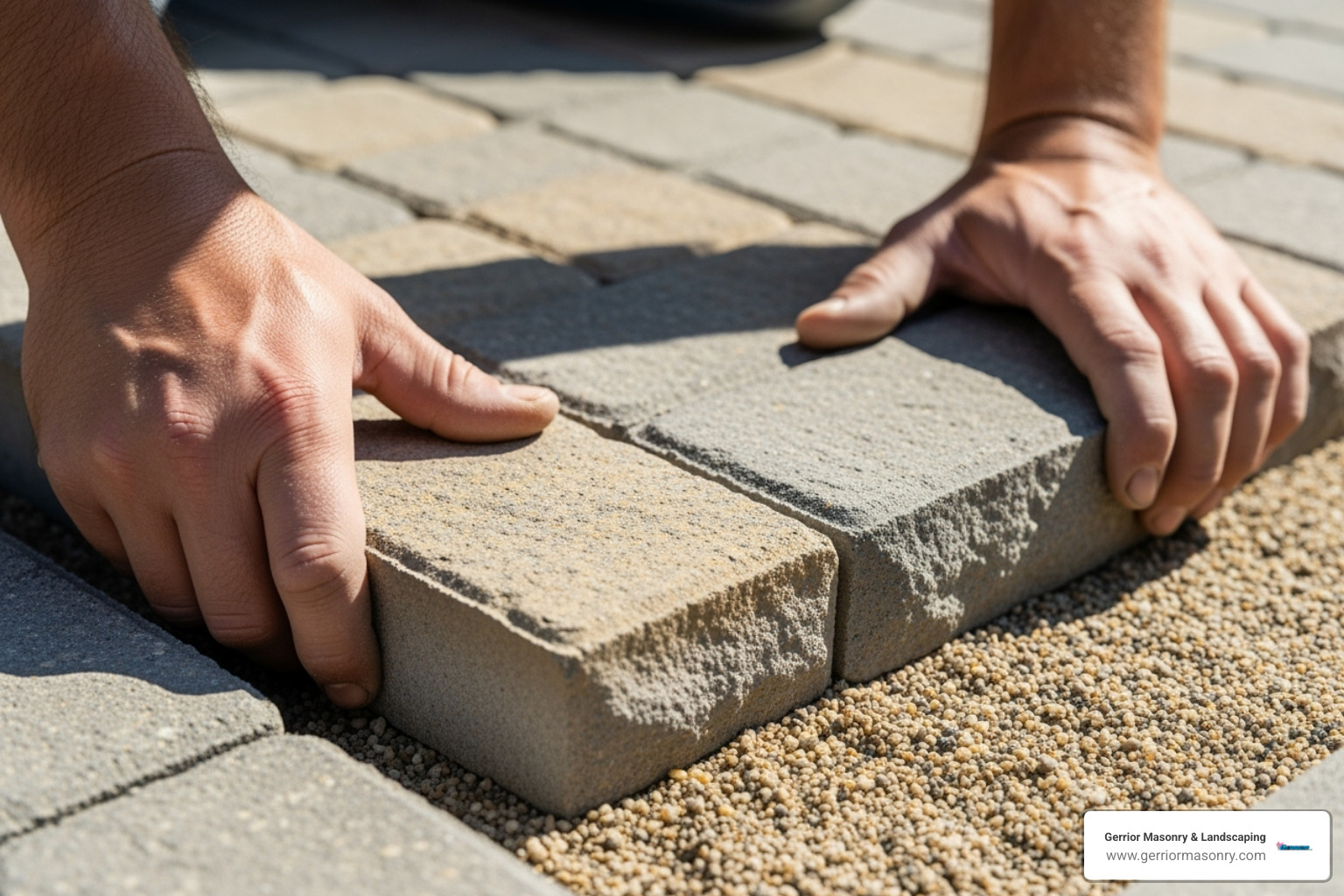 How Much Green for Your Stone Path Dream? 2 professional mason carefully setting a stone in place. - cost to install stone walkway