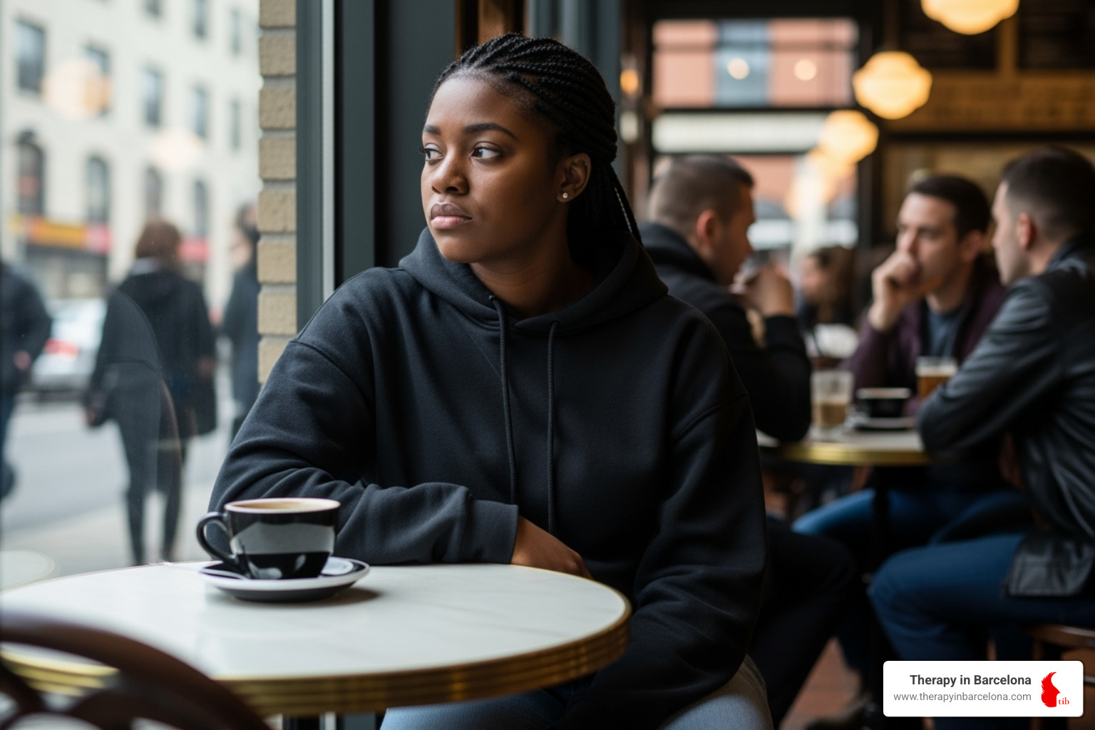 A person looking withdrawn or pensive in a lively café, illustrating emotional symptoms of homesickness. - can i get therapy for homesickness
