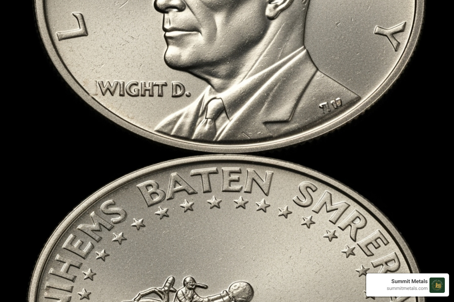 showing close-ups of the standard obverse and reverse designs of the Eisenhower Dollar. - ike silver dollar