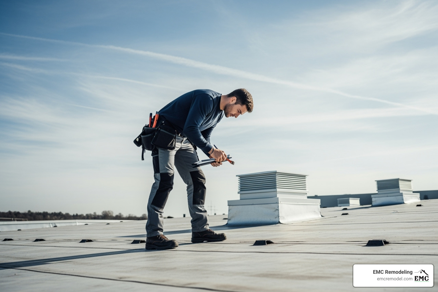 professional roofer conducting a detailed inspection on a large, flat commercial roof - commercial roofing belton tx