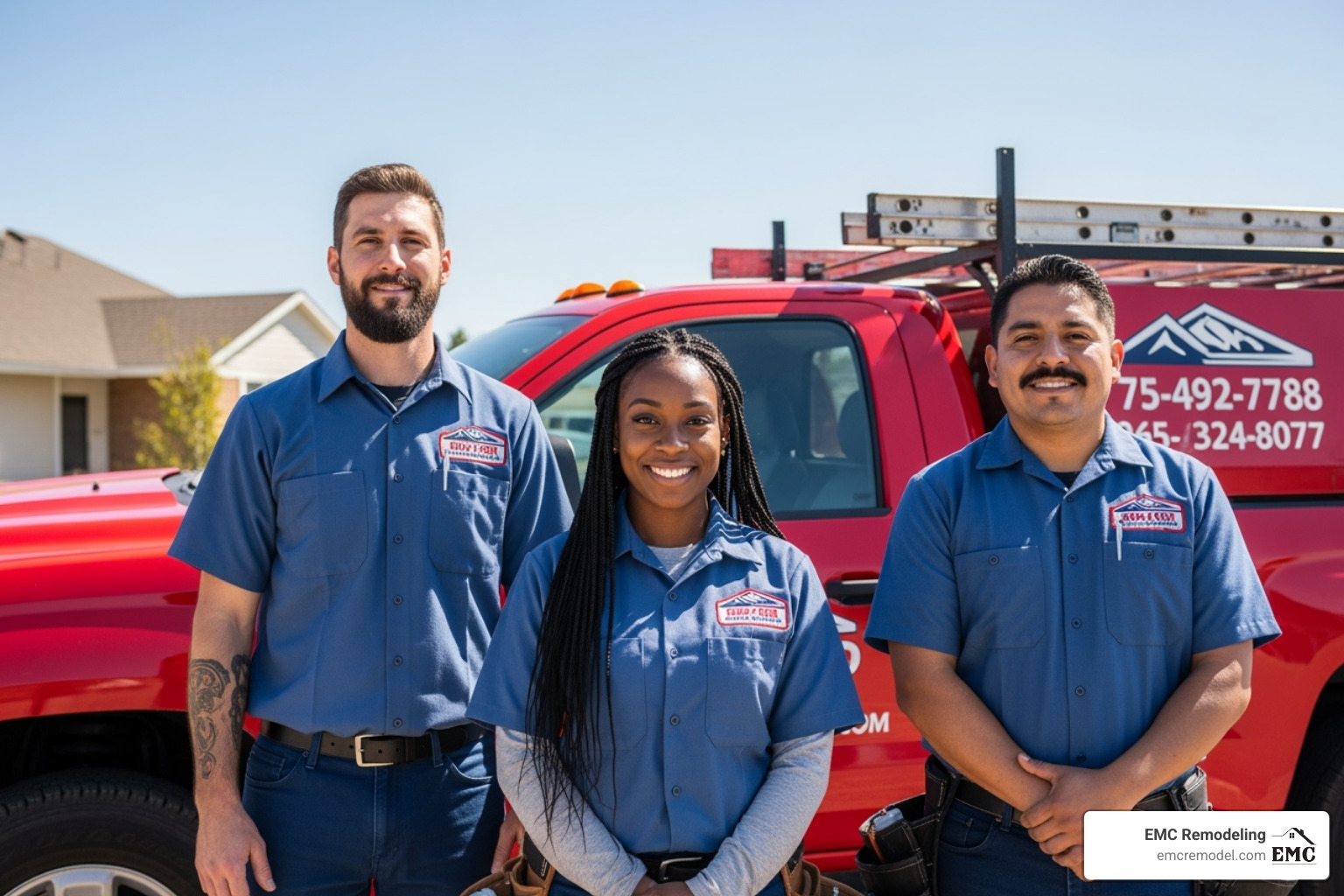 professional and friendly roofing crew in uniform standing in front of a company truck - commercial roofing belton tx