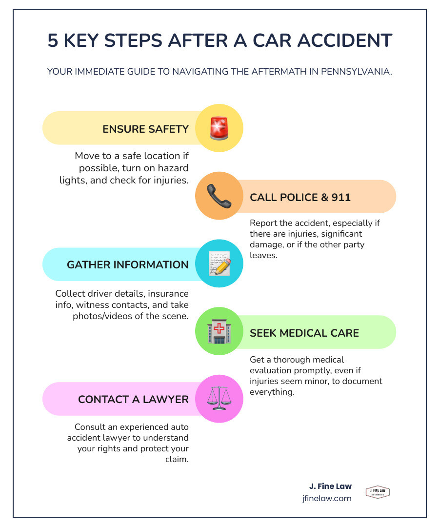Infografía que detalla 5 pasos esenciales a seguir inmediatamente después de un accidente automovilístico en Pensilvania, que incluyen garantizar la seguridad, llamar a la policía, recopilar información, buscar atención médica y comunicarse con un abogado. - Infografía de abogado de accidentes automovilísticos Philadelphia PA Infographic-line-5-steps-colors