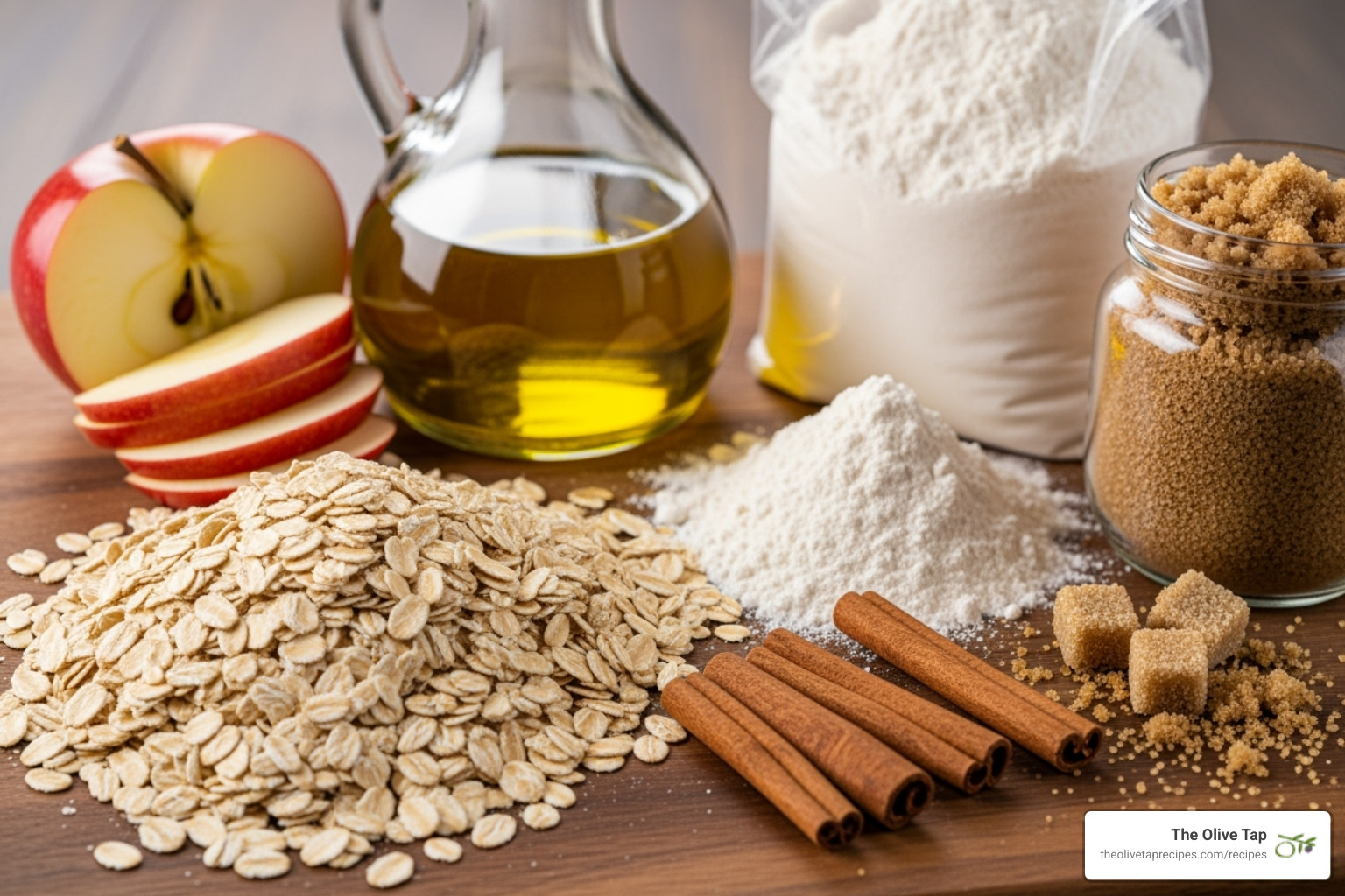 all the ingredients for the cookies beautifully arranged on a wooden board: oats, a fresh apple, The Olive Tap olive oil, flour, cinnamon sticks, and brown sugar - oatmeal apple olive oil cookies