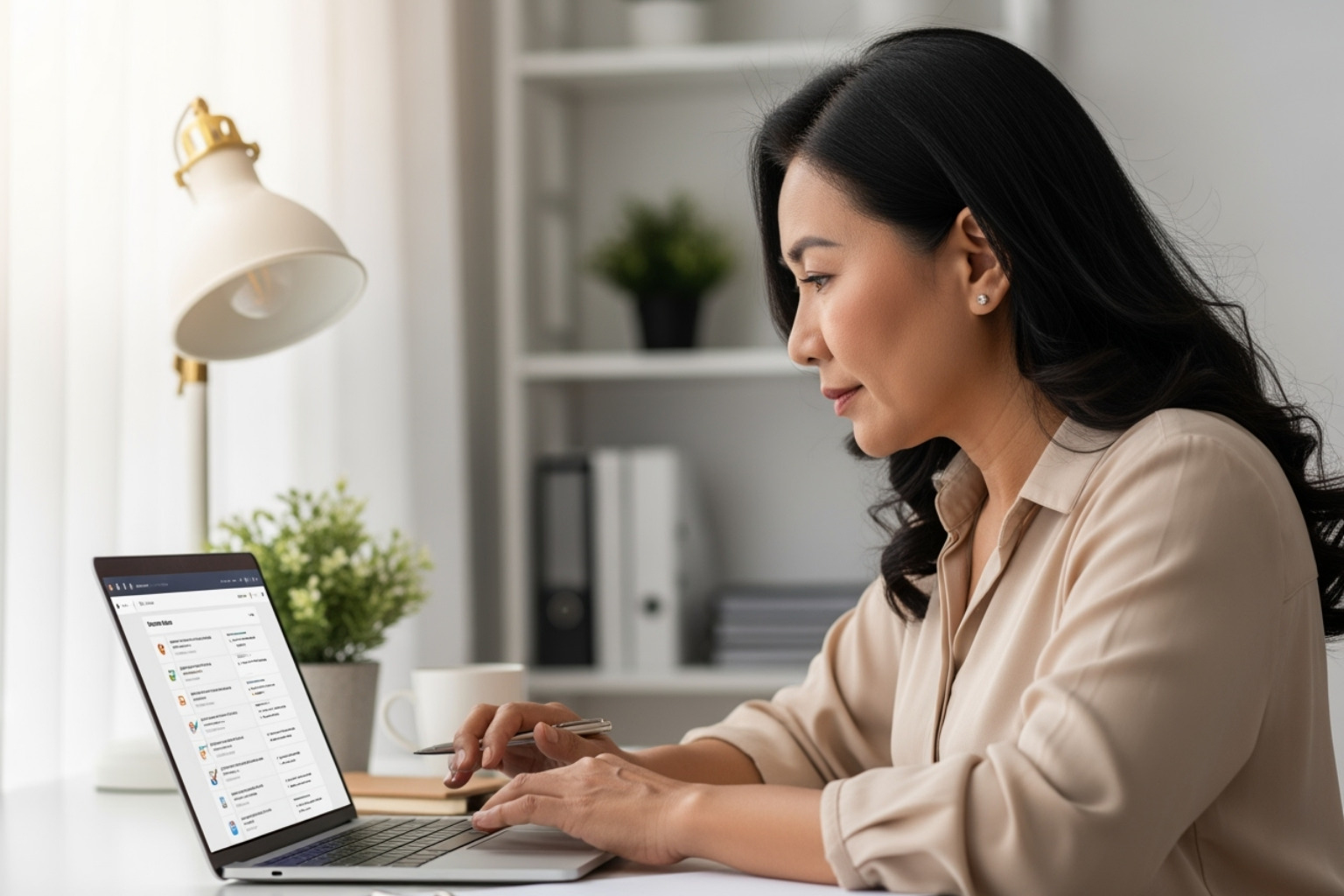 a checklist or a person evaluating software on a laptop - tech tools for small businesses