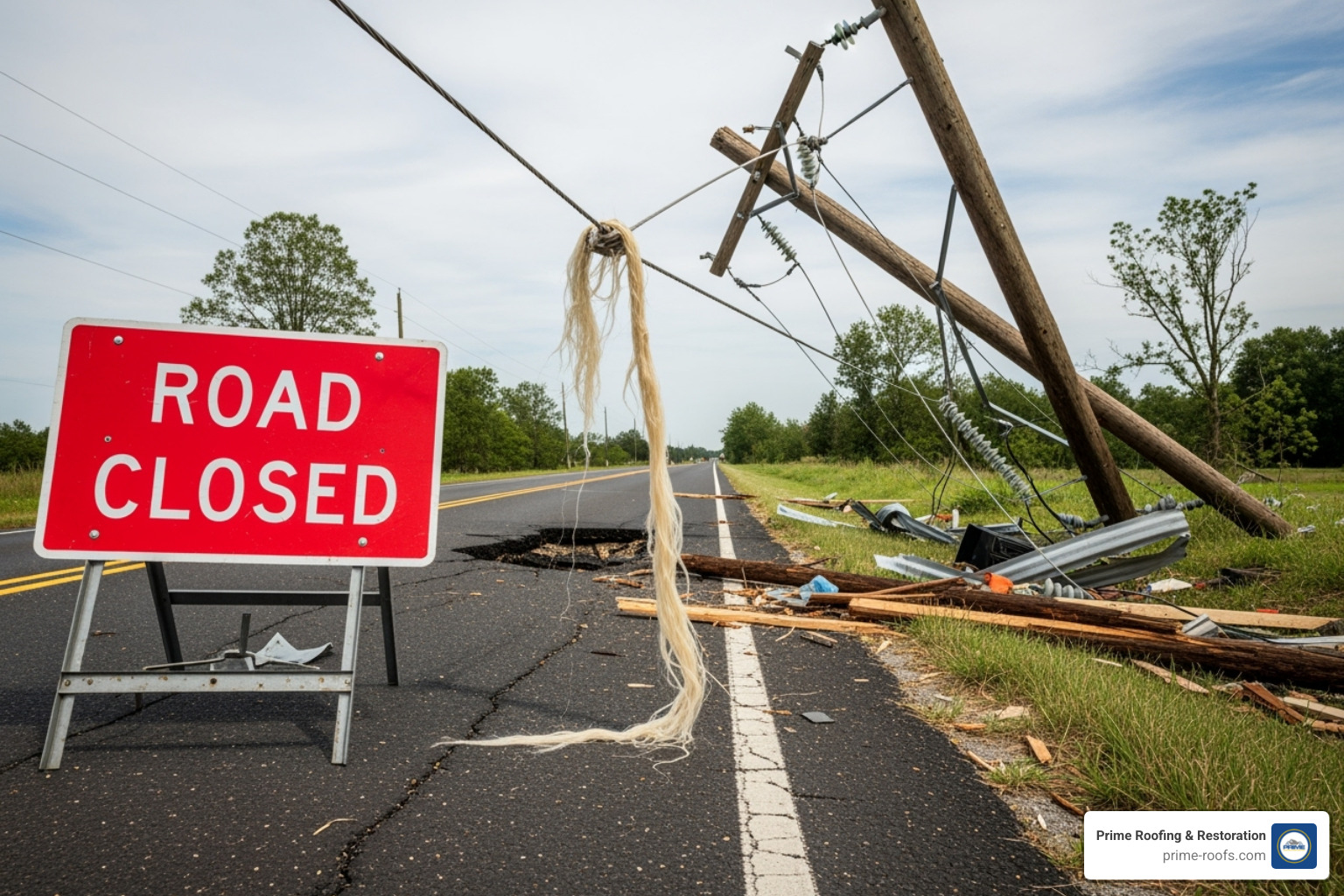 Road closure sign near a downed power line - Alabaster storm damage