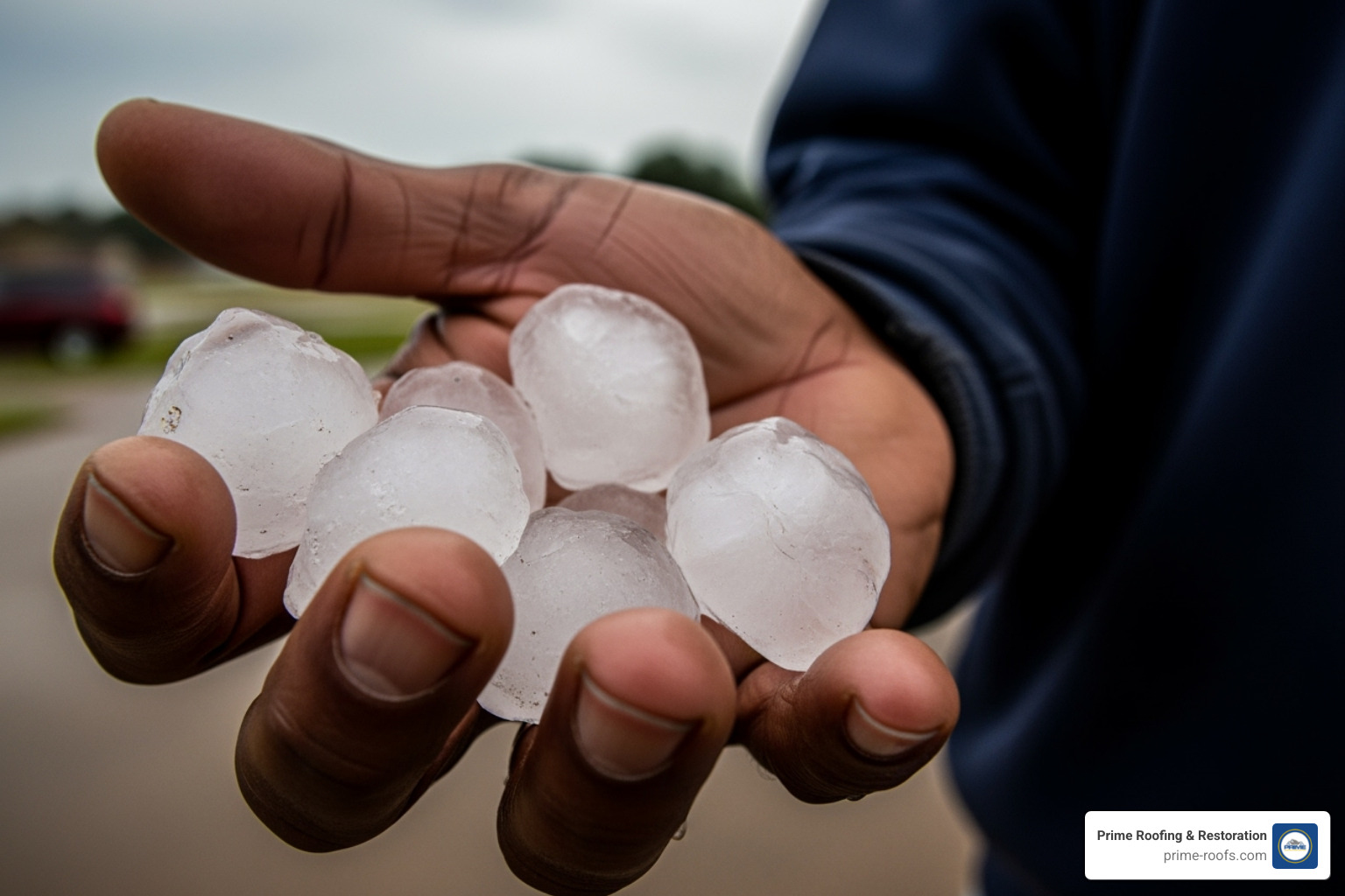Alabaster resident's hand holding quarter-sized hail - Alabaster storm damage