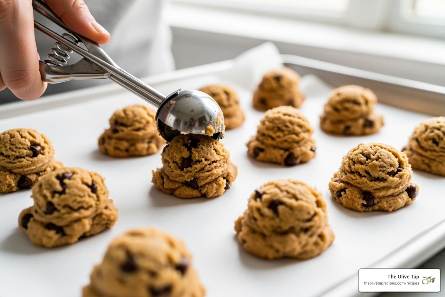 cookie dough being scooped onto a parchment-lined baking sheet - oatmeal apple olive oil cookies