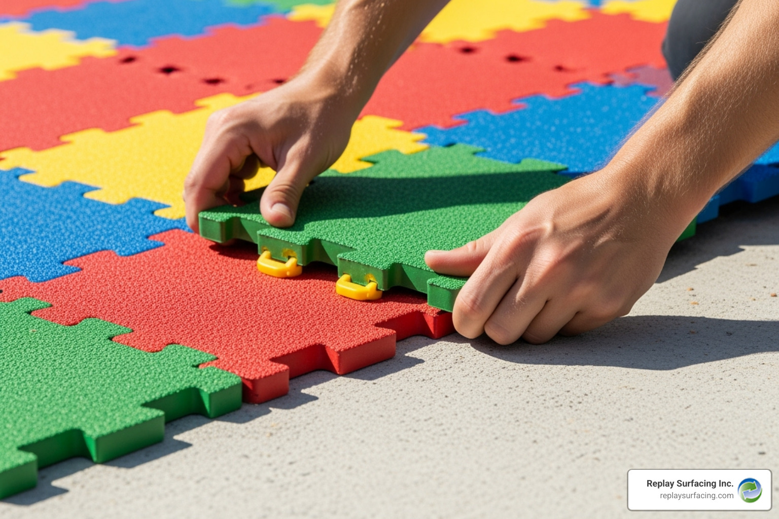 of interlocking rubber tiles being installed - colored rubber surfaces for playgrounds