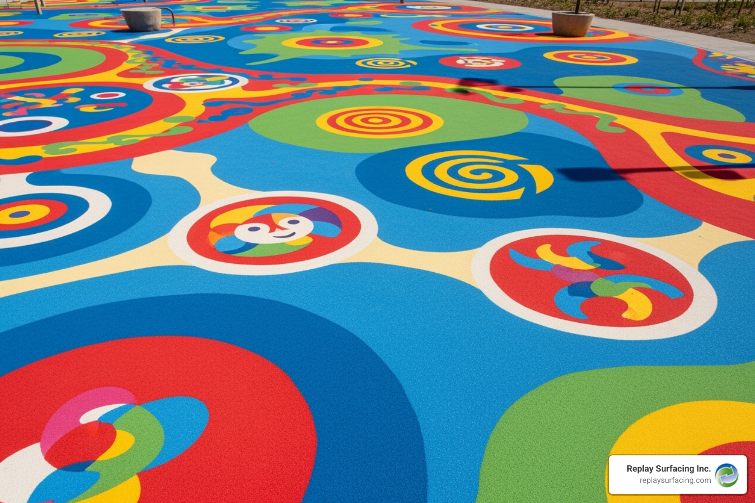 of a complex, multi-colored poured-in-place design with logos or shapes - colored rubber surfaces for playgrounds