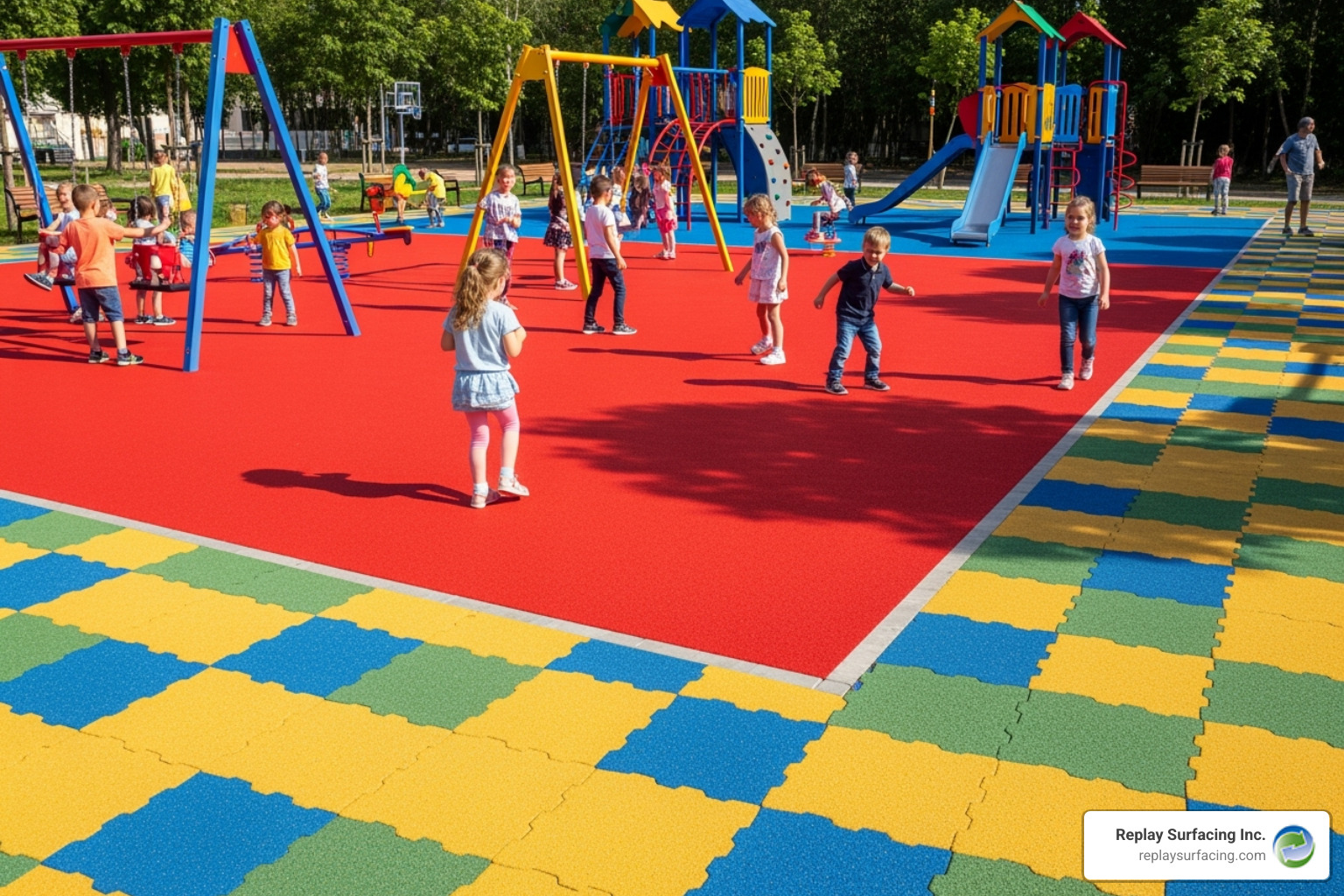 of a playground showcasing different types of rubber surfaces, like a poured area next to a tiled section - colored rubber surfaces for playgrounds