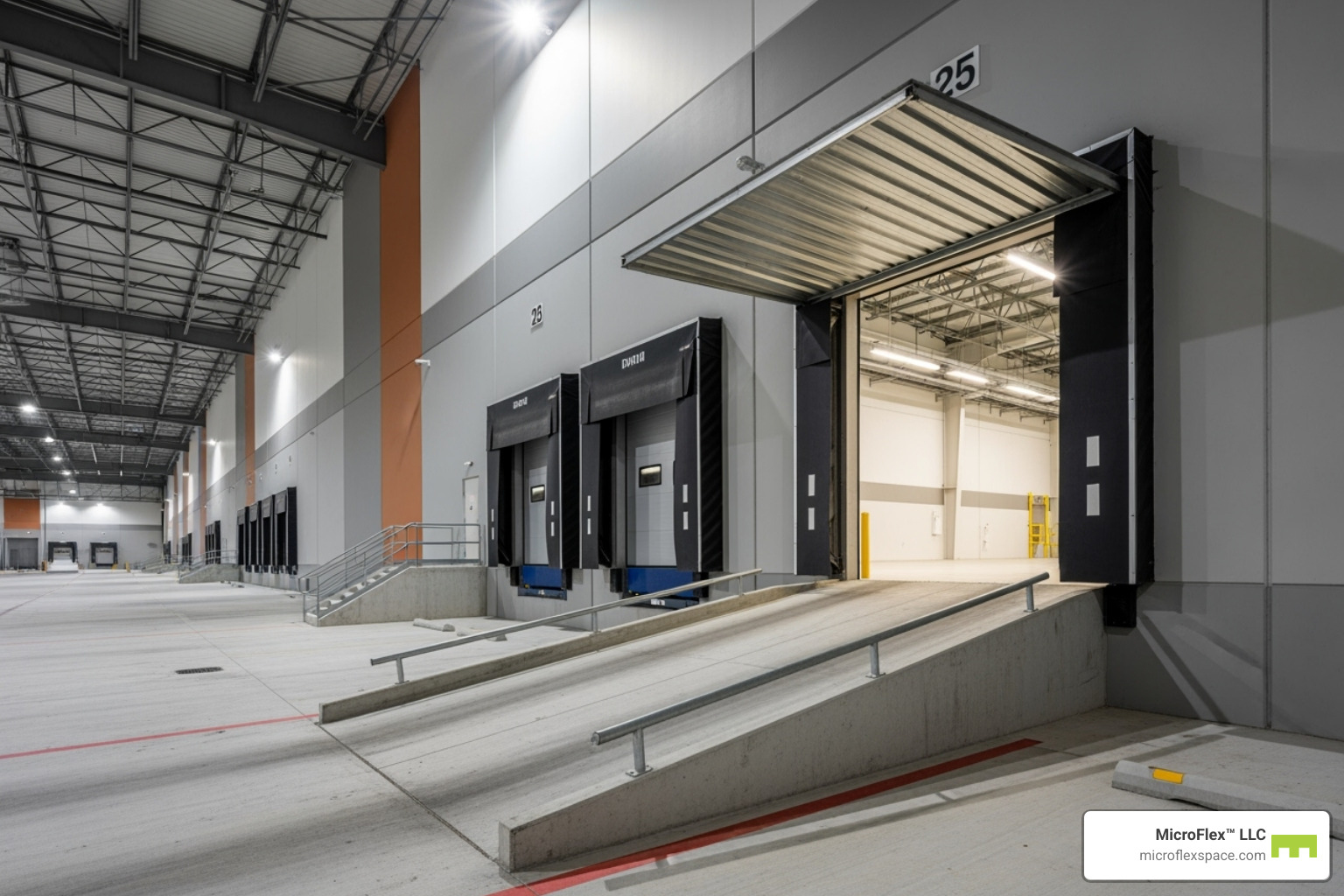 warehouse exterior with dock-high loading bay and drive-in ramp - business warehouse for rent